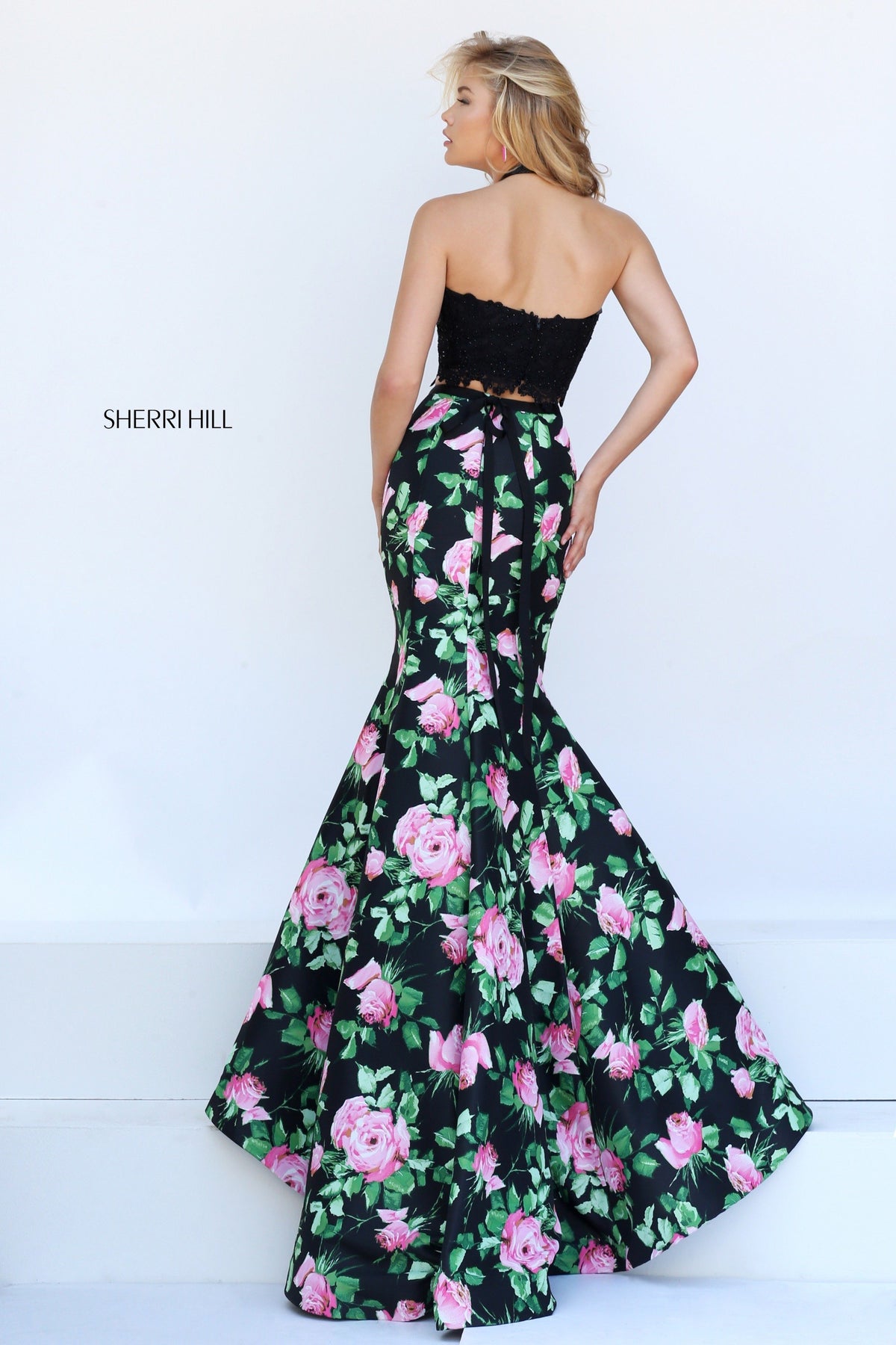 Sherri Hill 50399 two-piece floral print mermaid gown in black/pink print