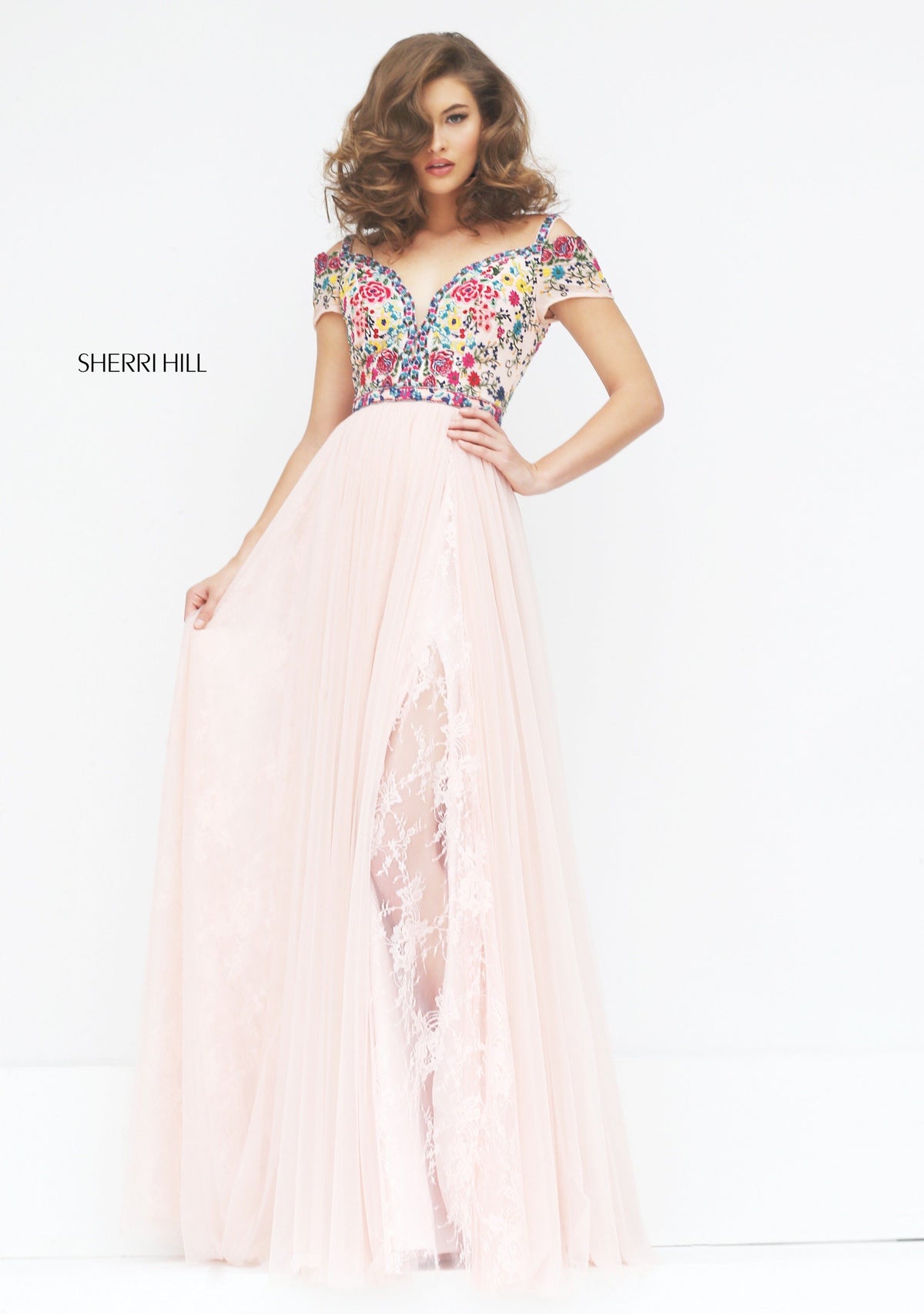 Sherri Hill 50151 cap-sleeve embroidered tulle gown in blush/multi