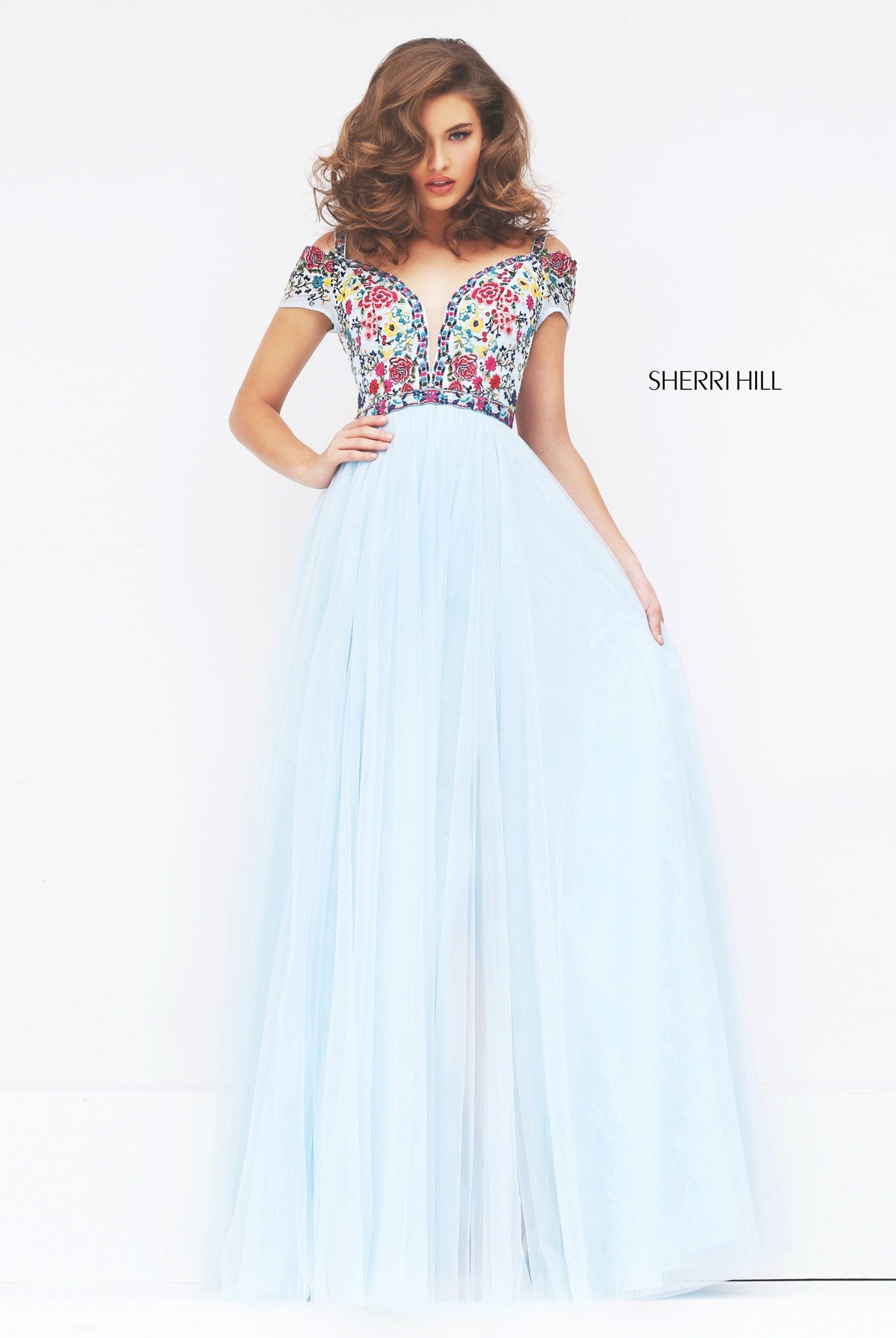 Sherri Hill 50151 cap-sleeve embroidered tulle gown