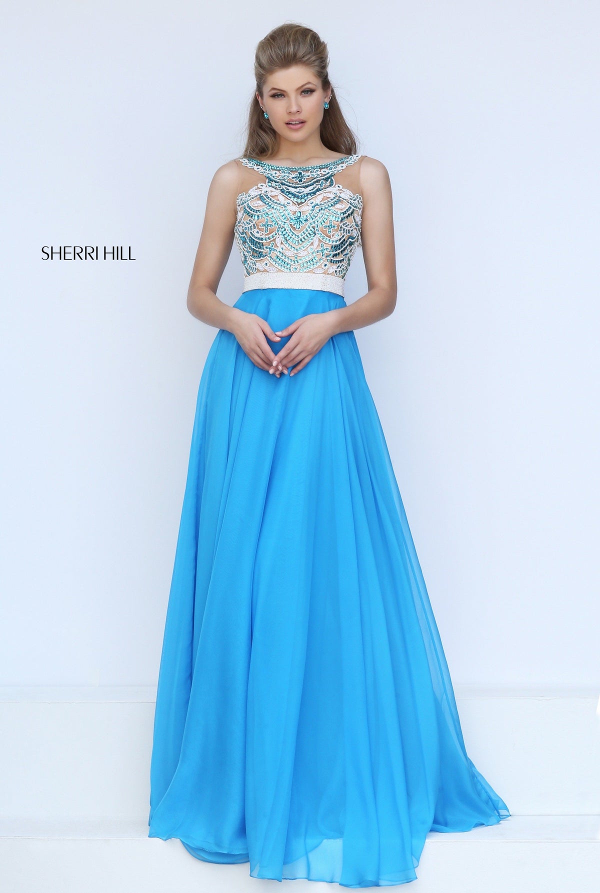 Sherri Hill 50395 two-piece chiffon gown with beaded crop top in turquoise