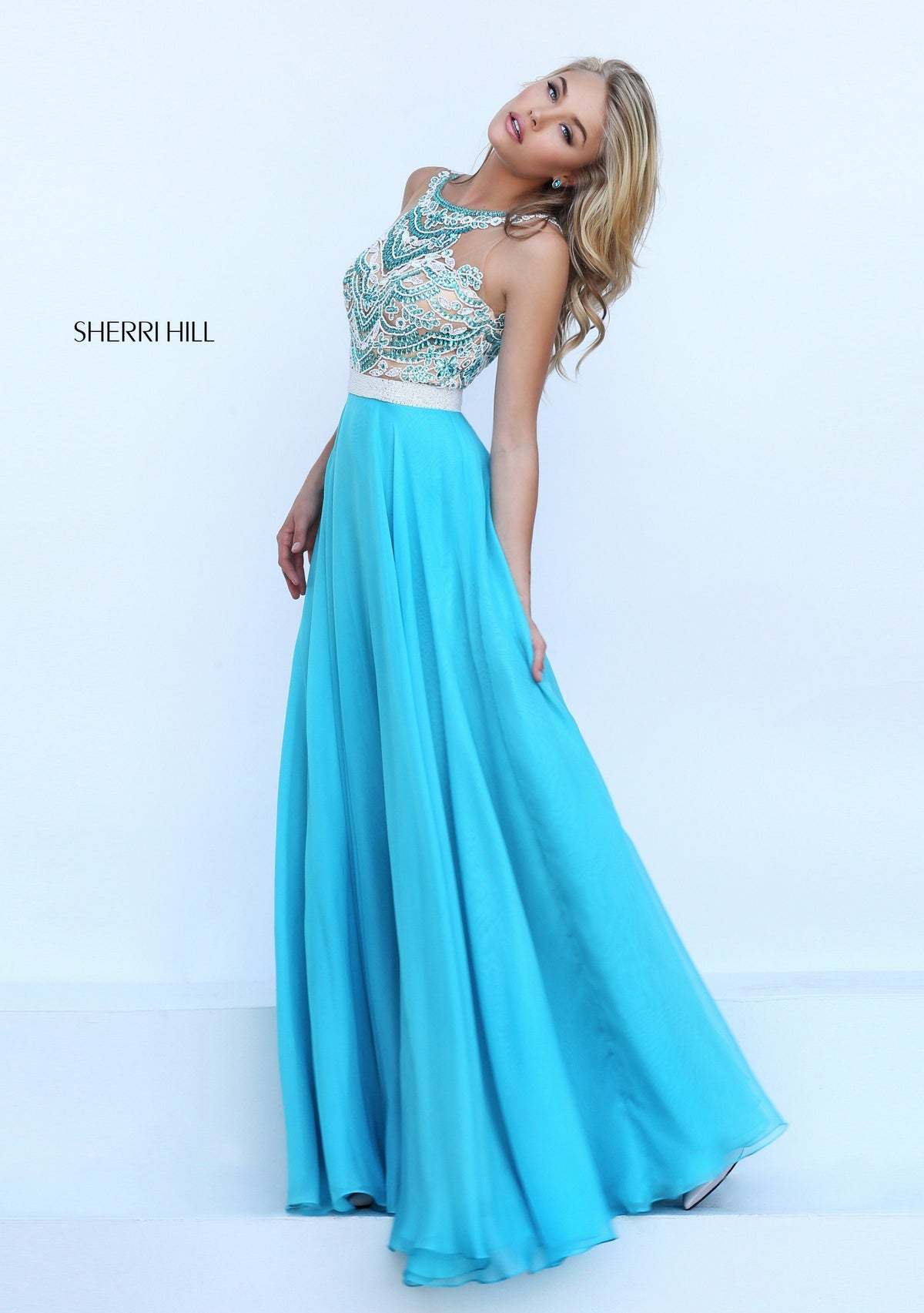 Sherri Hill 50395 two-piece chiffon gown with beaded crop top