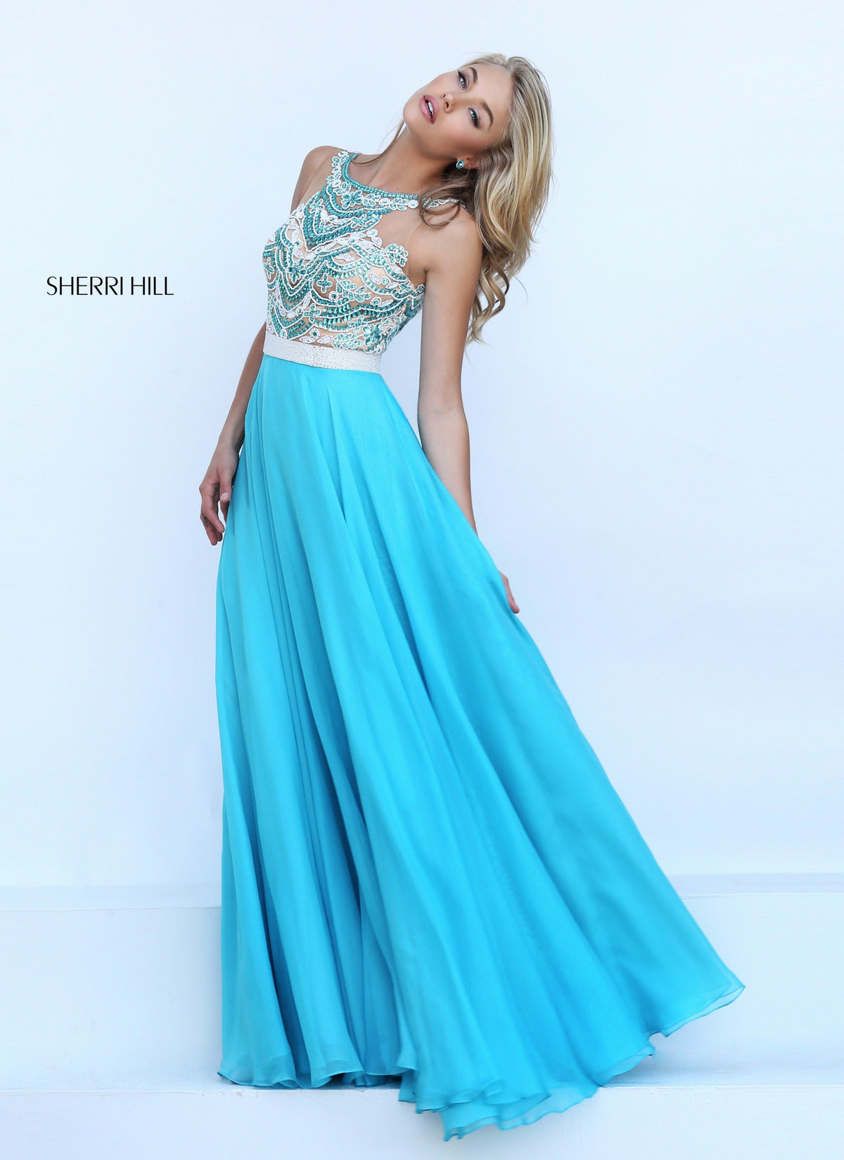 Sherri Hill 50395 two-piece chiffon gown with beaded crop top