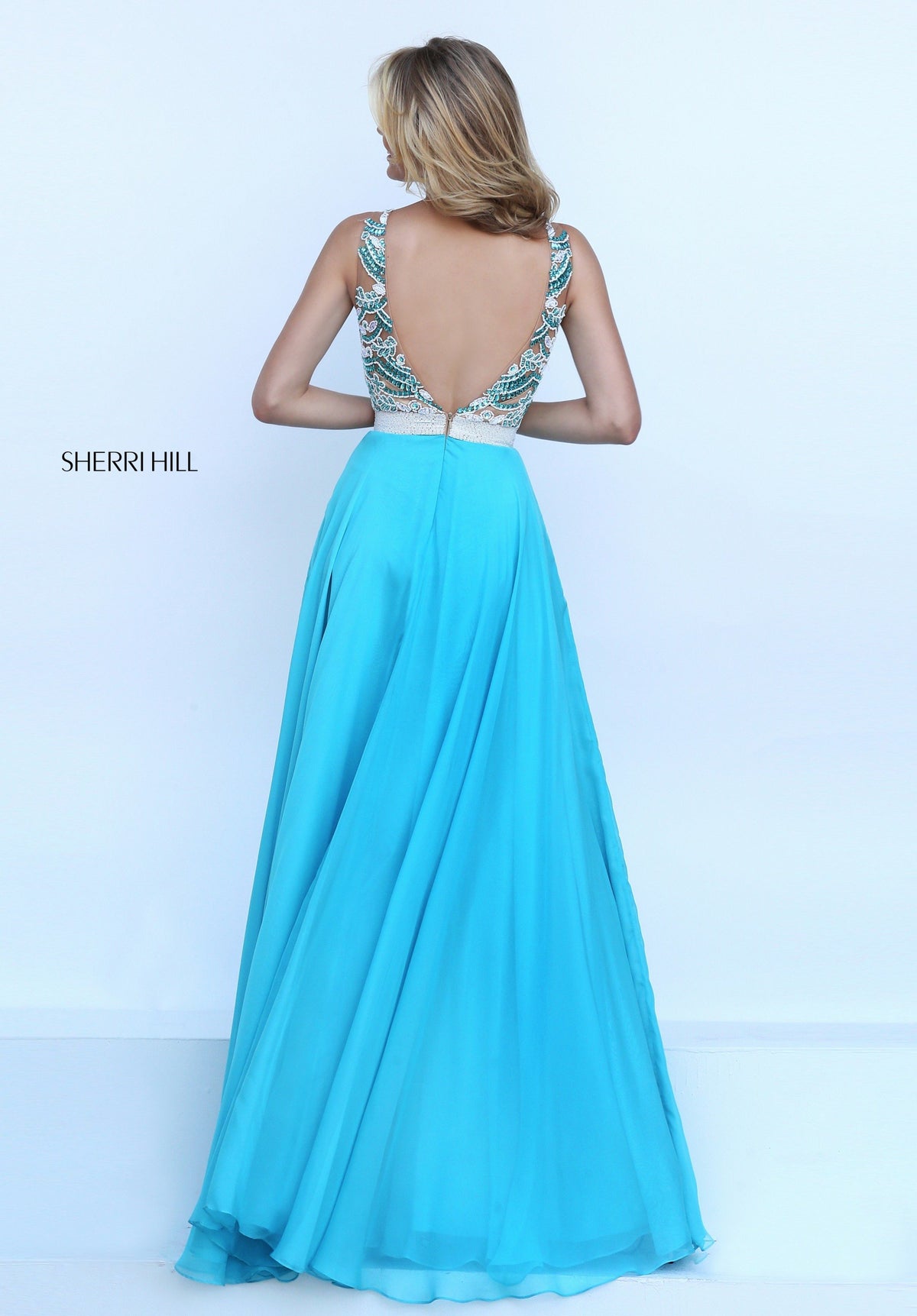 Sherri Hill 50395 two-piece chiffon gown with beaded crop top