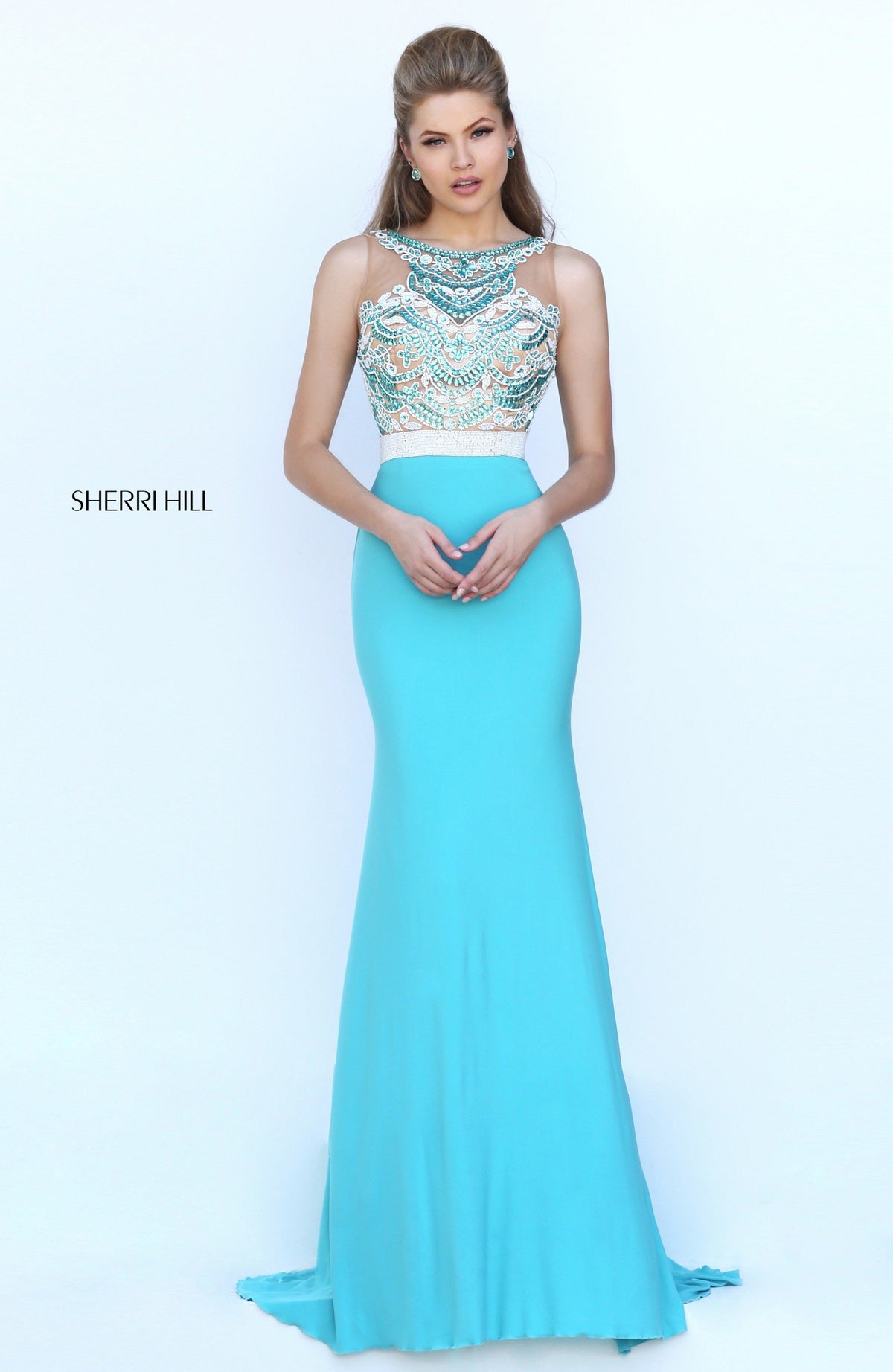 Sherri Hill 50396 two-piece fitted gown with beaded crop top in turquoise