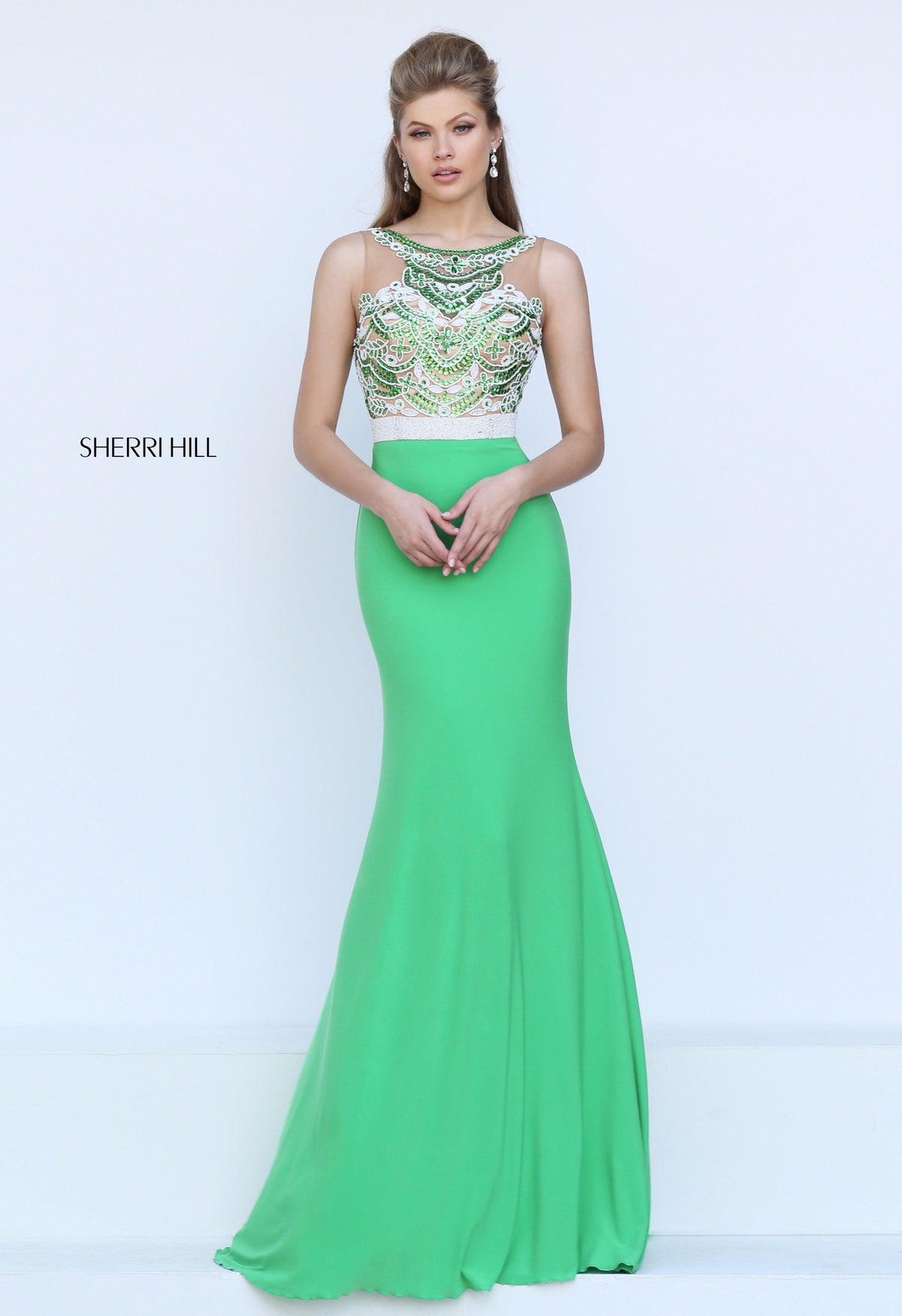 Sherri Hill 50396 two-piece fitted gown with beaded crop top in green