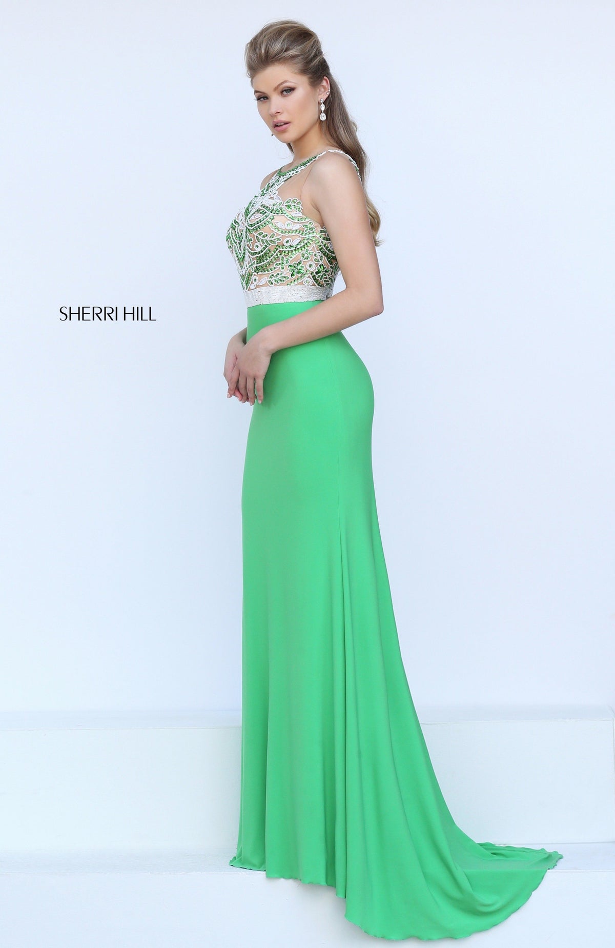Sherri Hill 50396 two-piece fitted gown with beaded crop top
