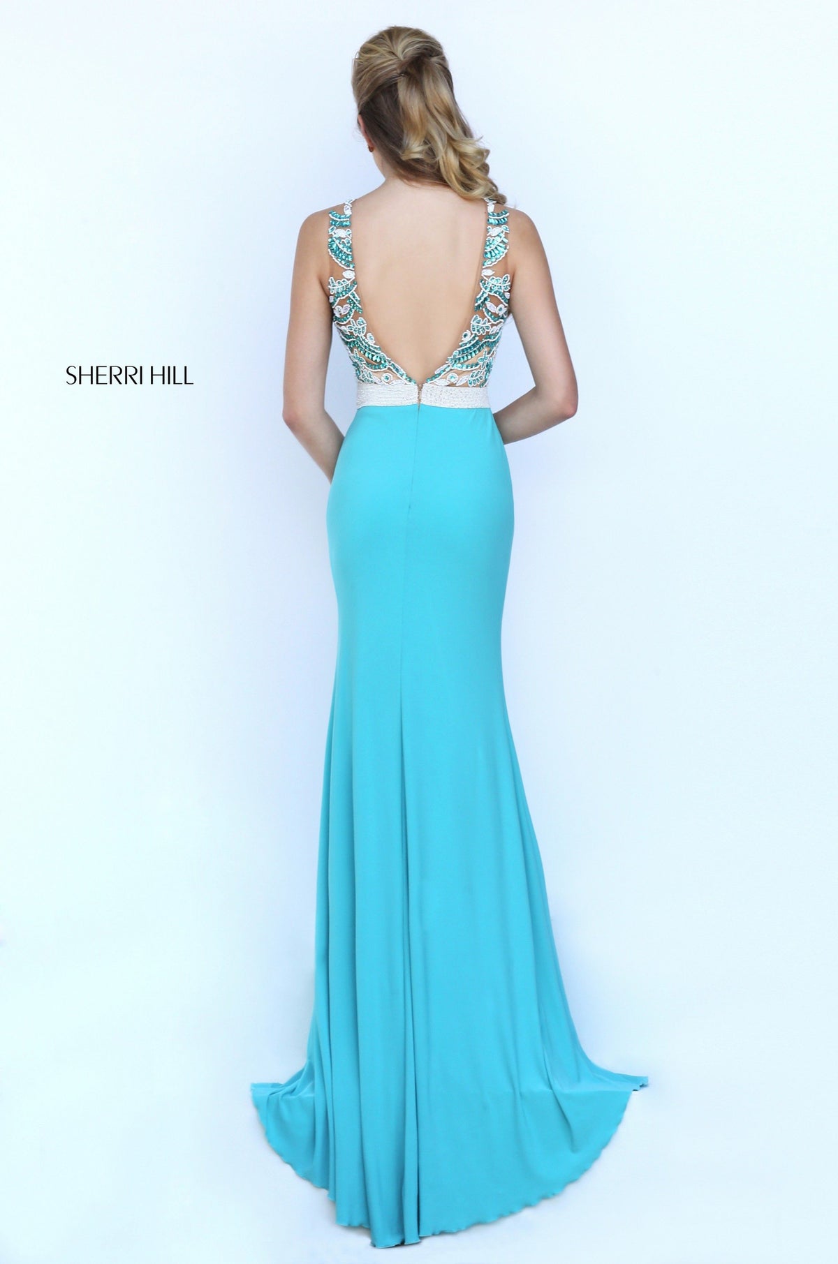 Sherri Hill 50396 two-piece fitted gown with beaded crop top