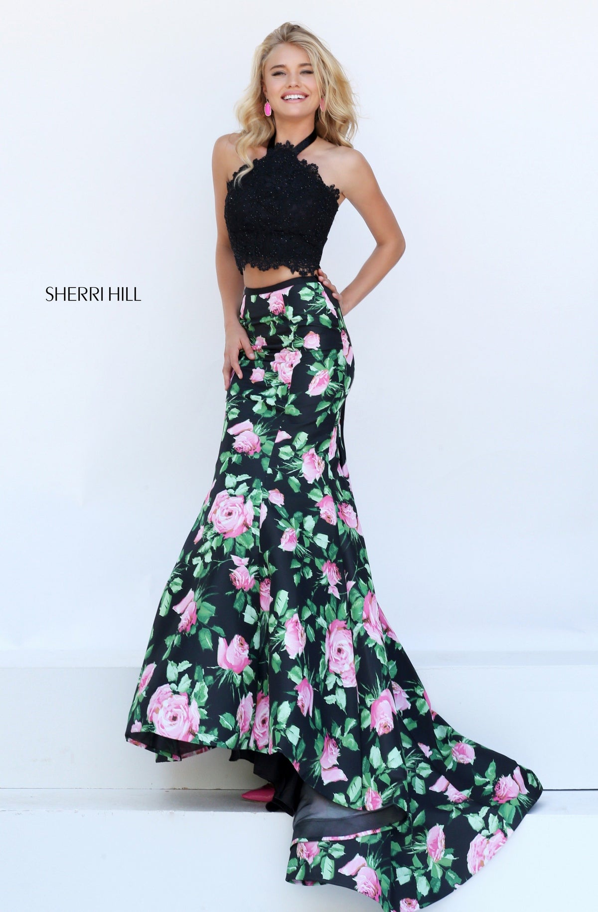 Sherri Hill 50399 two-piece floral print mermaid gown in black/pink print
