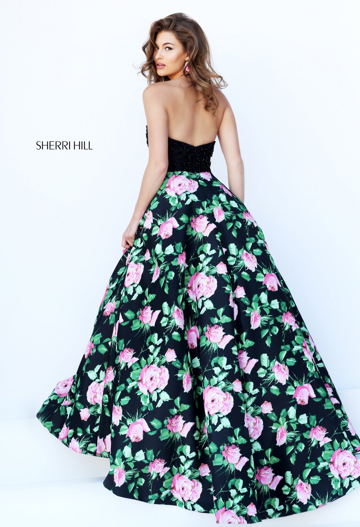 Sherri Hill 50425 floral print high-low gown with halter bodice in black/pink print