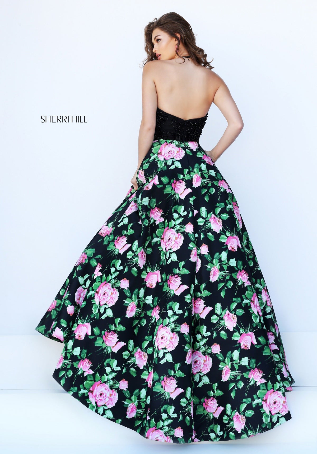 Sherri Hill 50425 floral print high-low gown with halter bodice in black/pink print