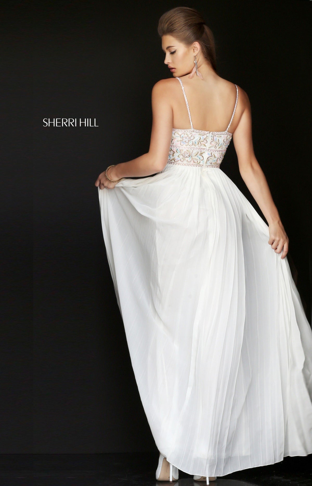 Sherri Hill 50432 V-neck chiffon gown with beaded bodice in ivory/multi