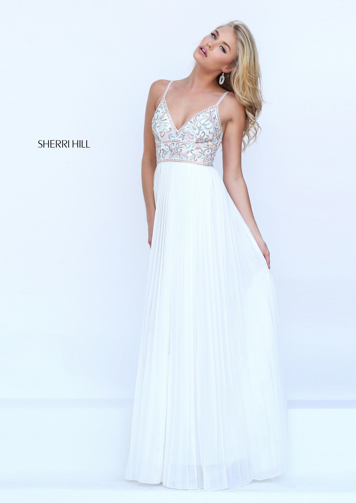 Sherri Hill 50432 V-neck chiffon gown with beaded bodice in ivory/multi