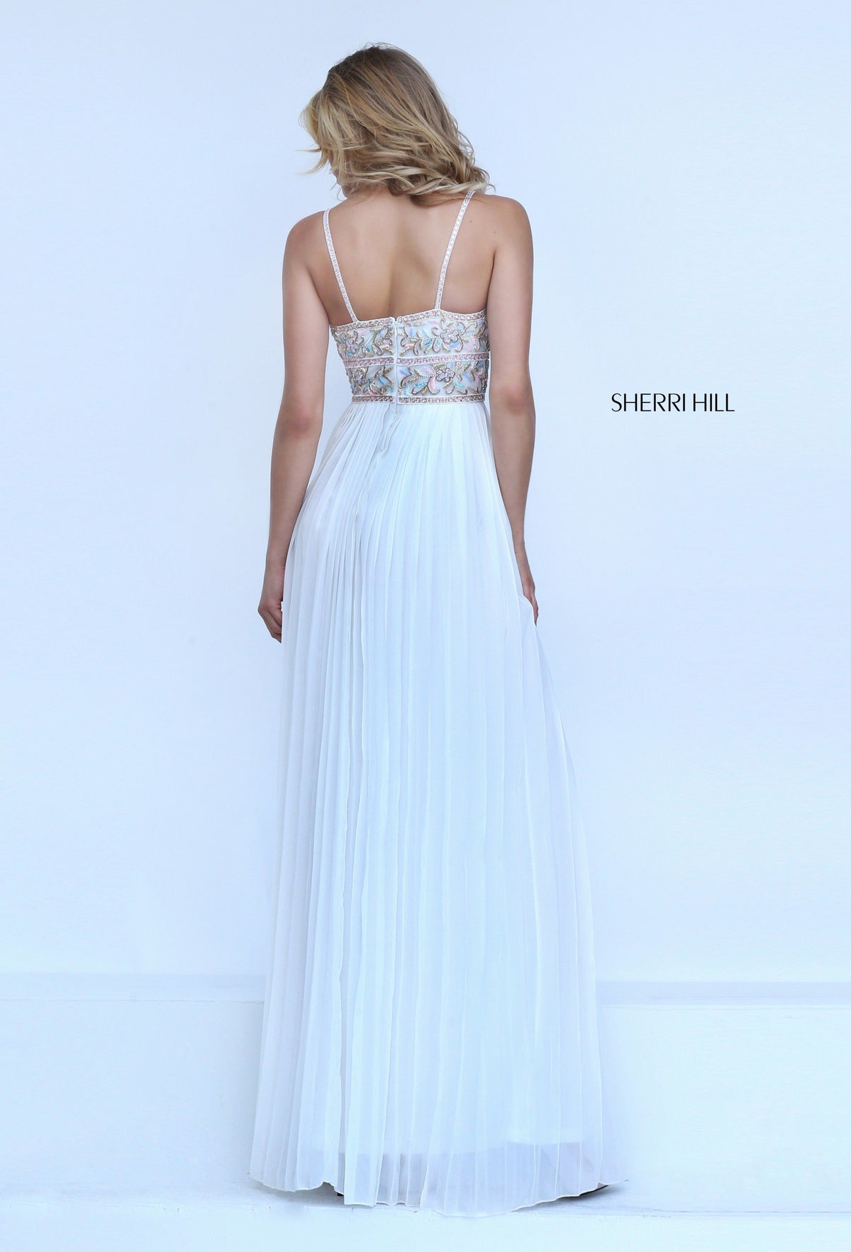 Sherri Hill 50432 V-neck chiffon gown with beaded bodice in ivory/multi
