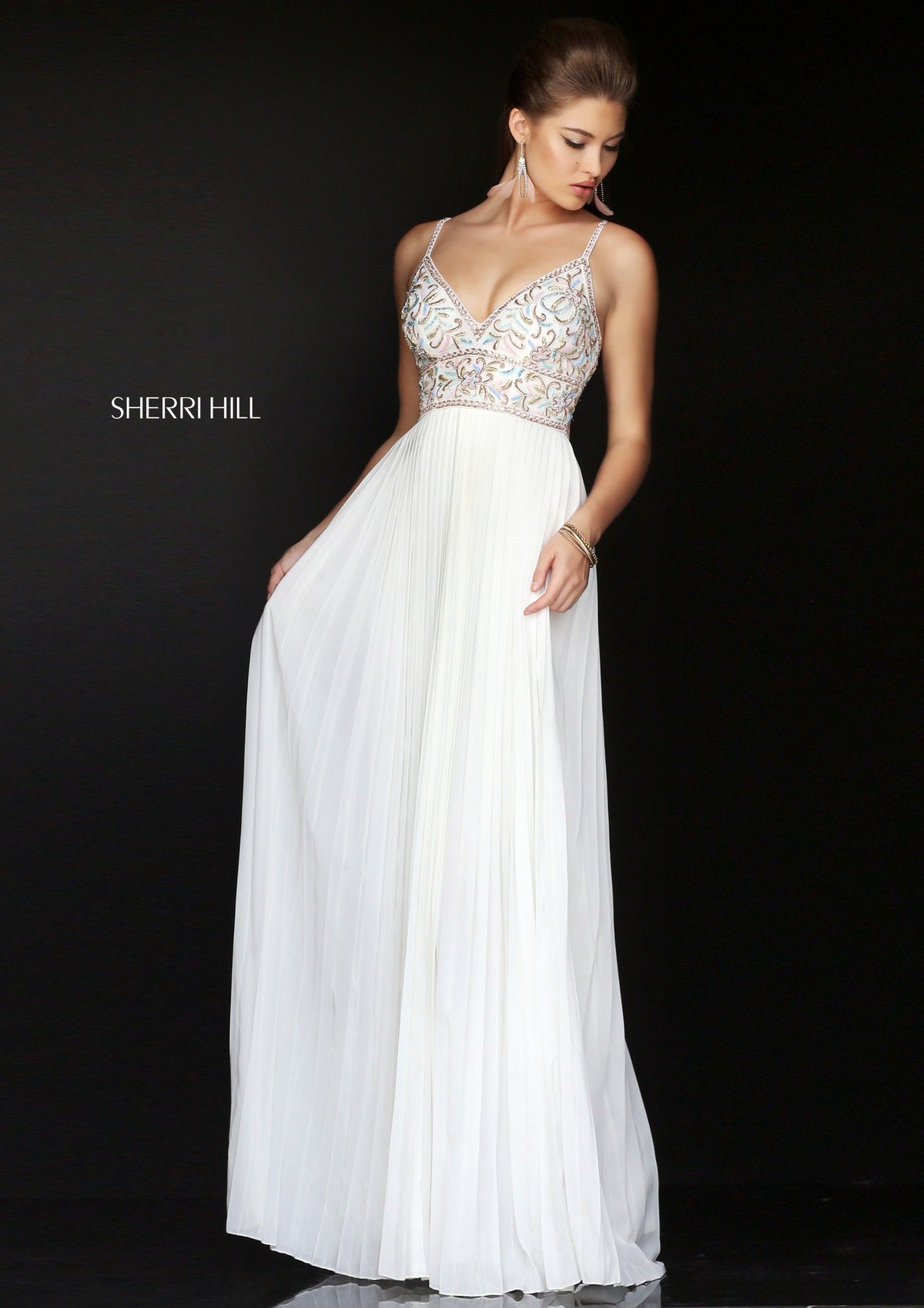 Sherri Hill 50432 V-neck chiffon gown with beaded bodice in ivory/multi