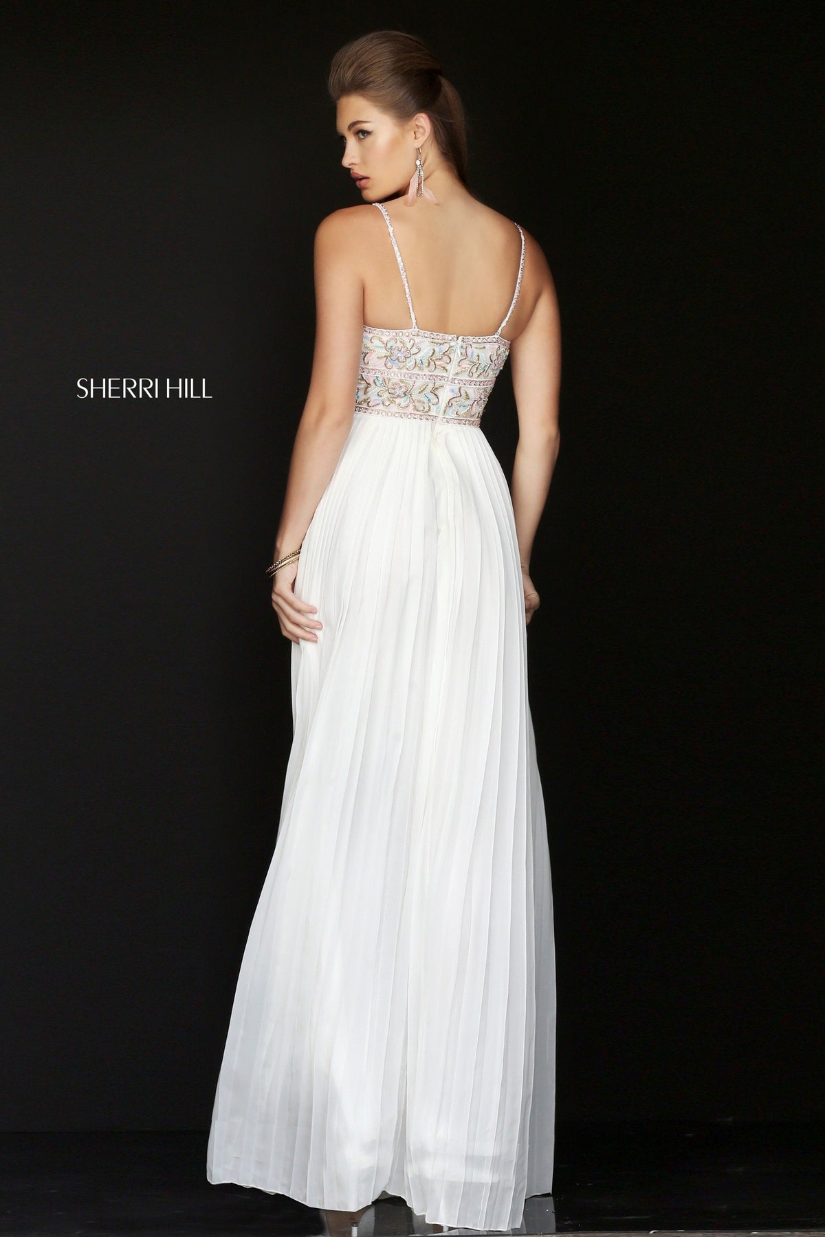 Sherri Hill 50432 V-neck chiffon gown with beaded bodice in ivory/multi