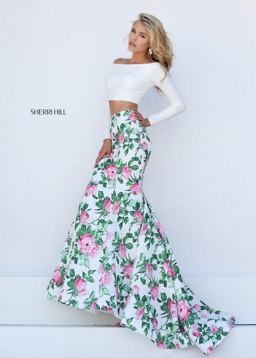 Sherri Hill style 50433 in ivory/pink print