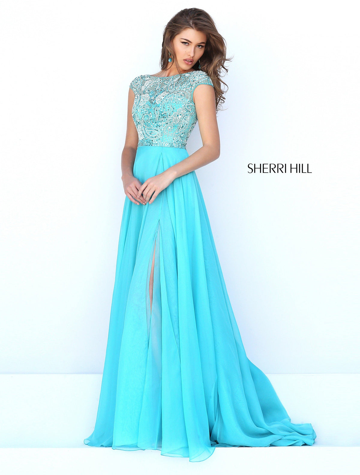 Sherri Hill 50445 chiffon gown with beaded bodice in aqua