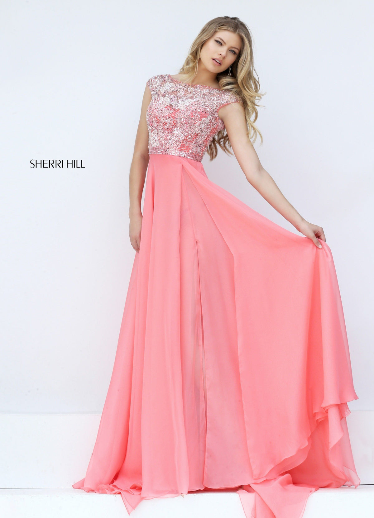 Sherri Hill 50445 chiffon gown with beaded bodice in coral