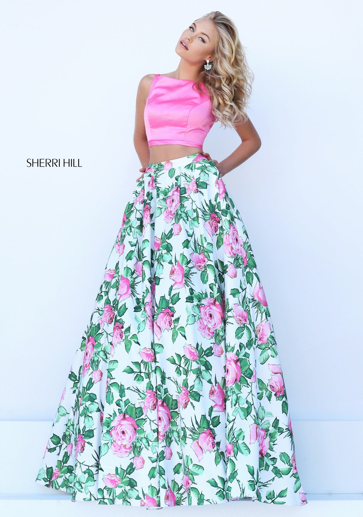 Sherri Hill 50448 two-piece floral print ball gown in pink/ivory print