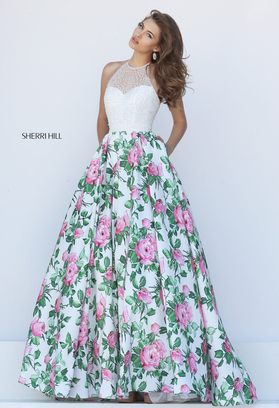 Sherri Hill style 50451 in ivory/pink print