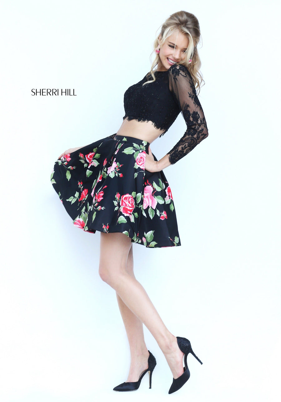 Sherri Hill style 50464 in ivory/coral print, Two-Piece Floral Print Cocktail Dress