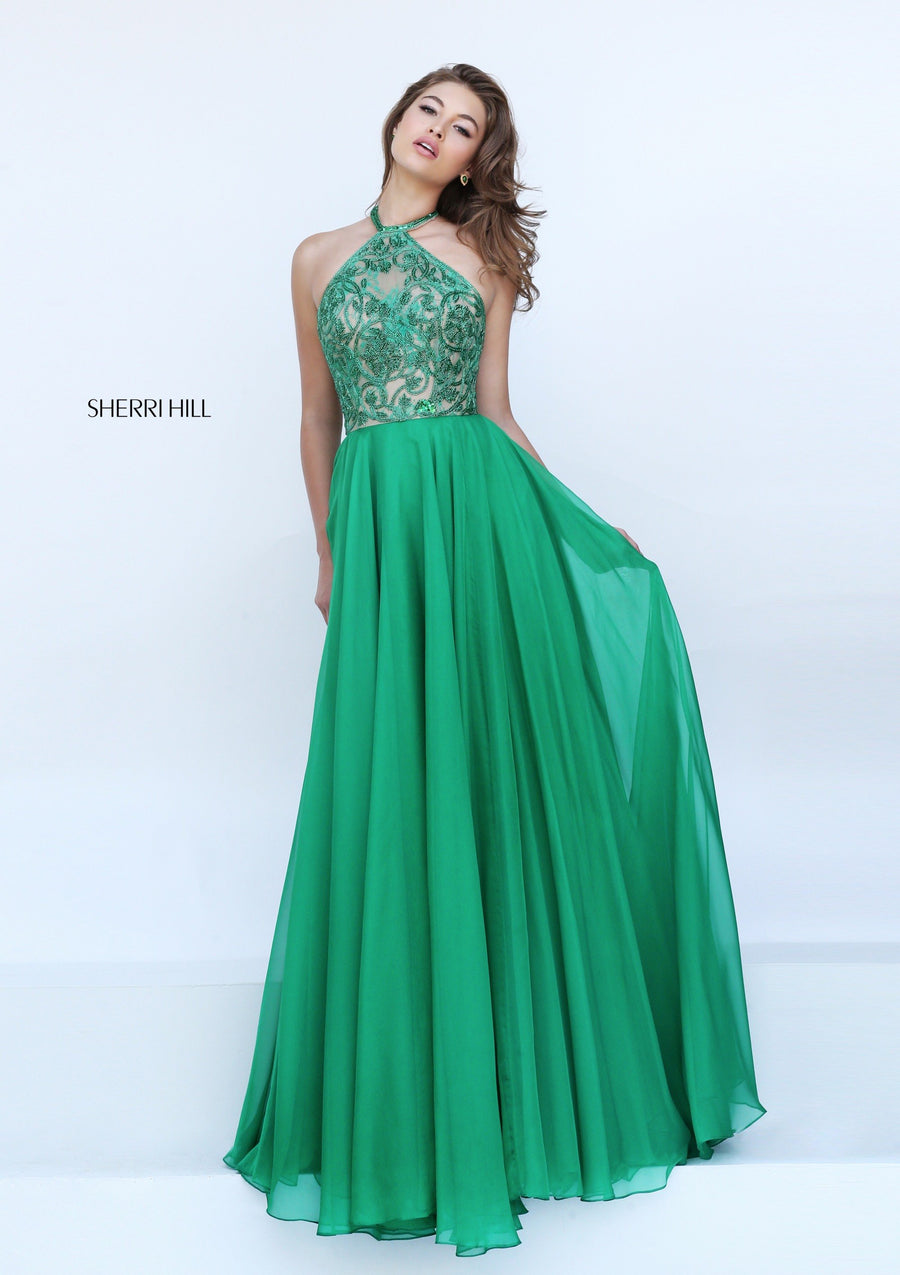 Sherri Hill style 50468 in emerald, Chiffon Gown with Beaded Halter Bodice