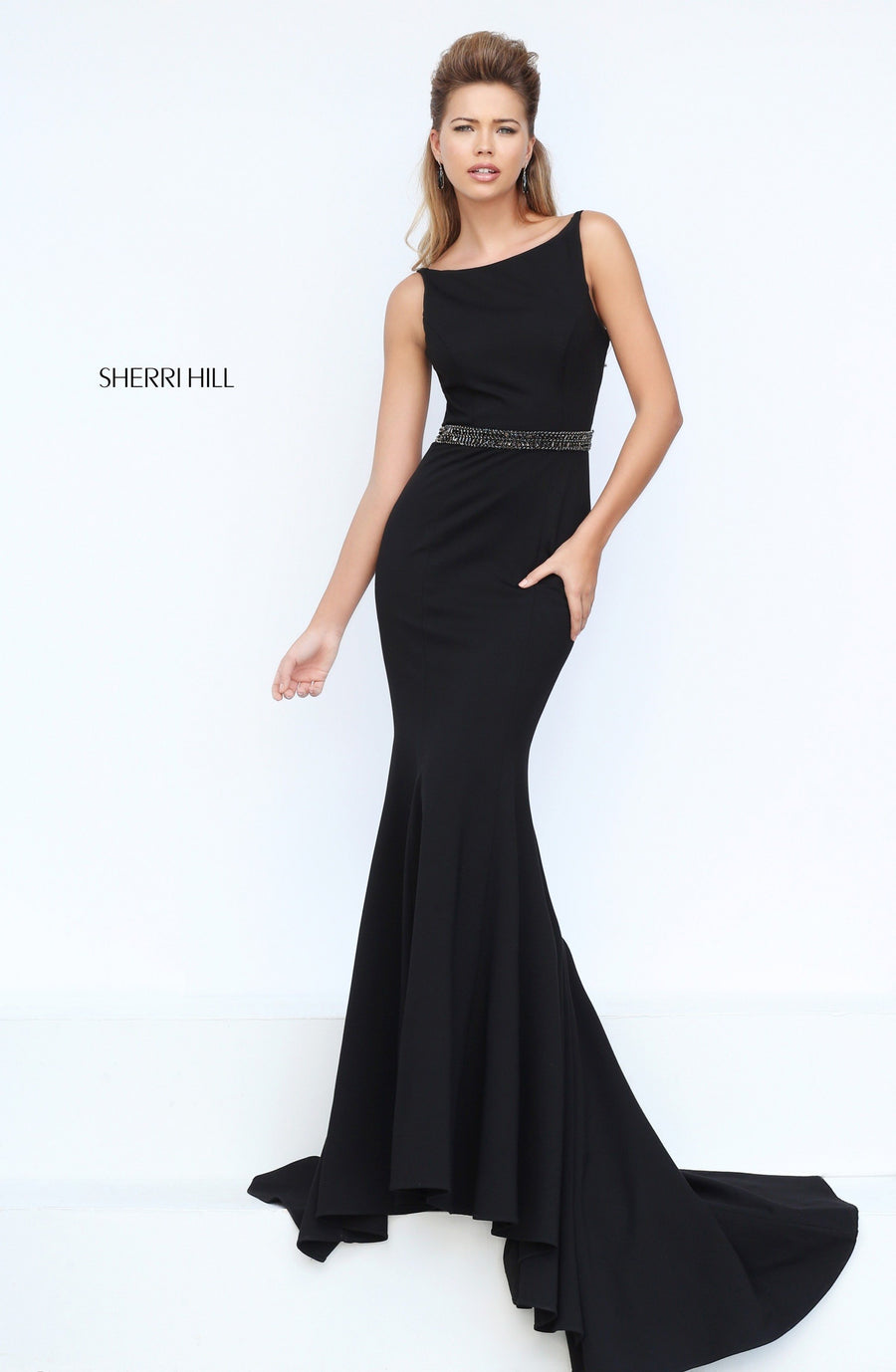 Sherri Hill style 50471 in red, Fitted Jersey Gown with Beaded Waist