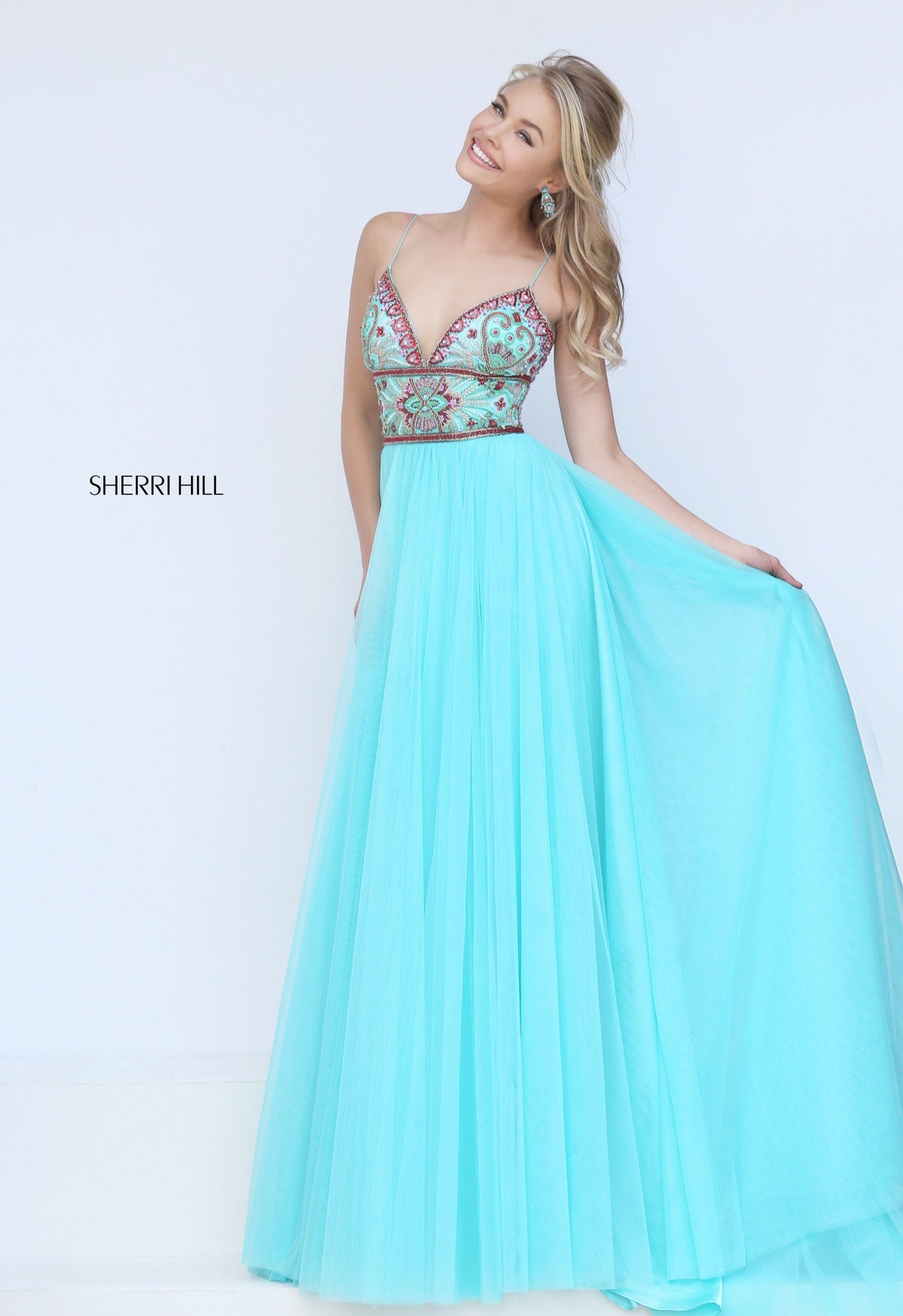 Sherri Hill 50474 tulle gown with beaded bodice in turq/multi