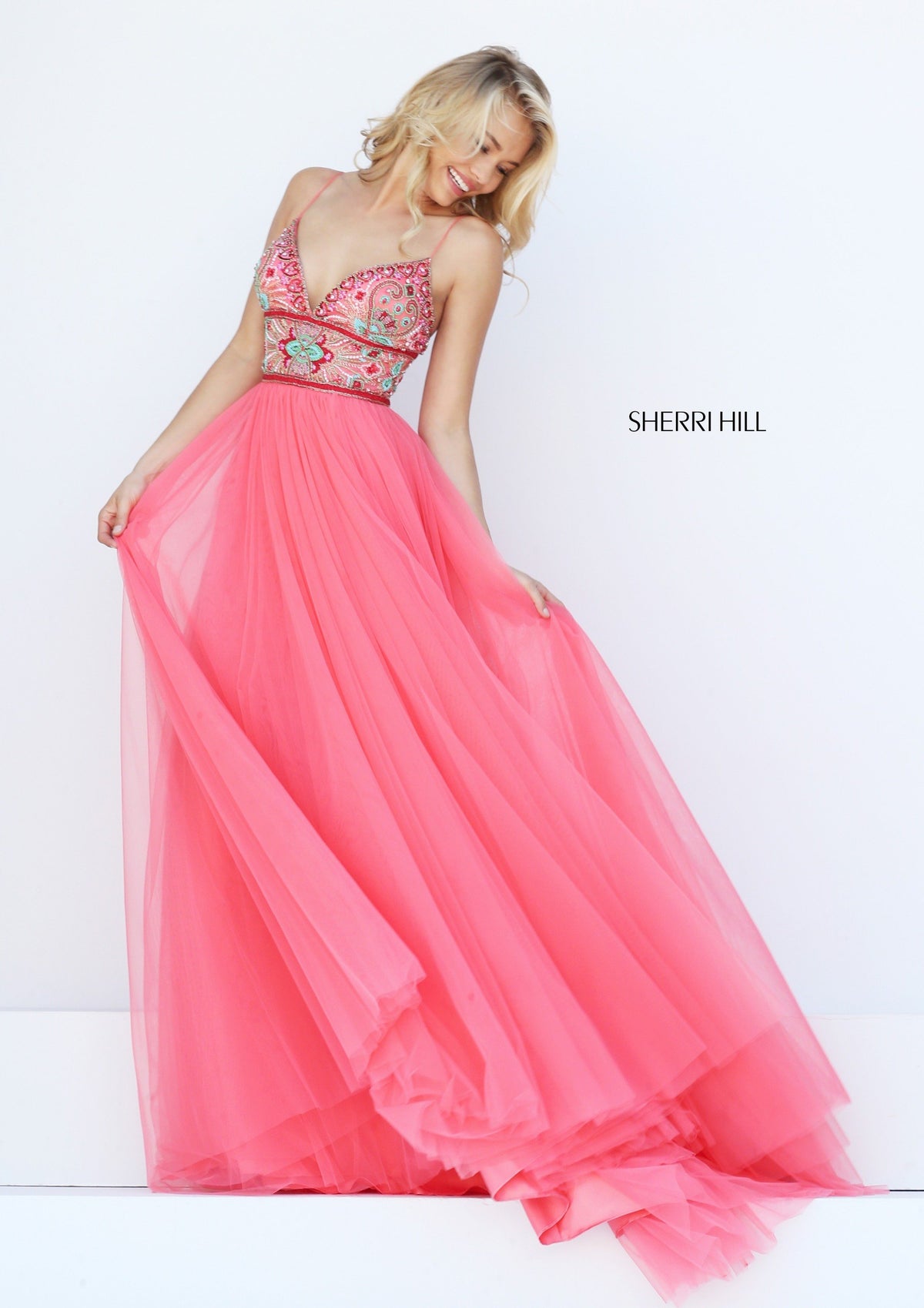Sherri Hill 50474 tulle gown with beaded bodice in coral/multi