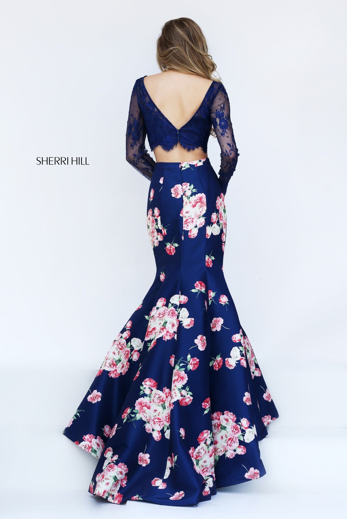 Sherri Hill 50488 two-piece floral print mermaid gown with long-sleeve crop top
