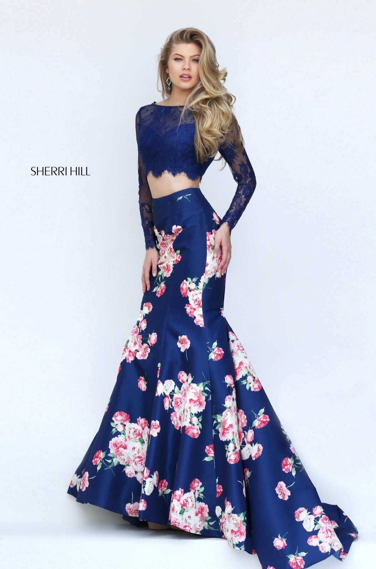 Sherri Hill 50488 two-piece floral print mermaid gown with long-sleeve crop top in navy print