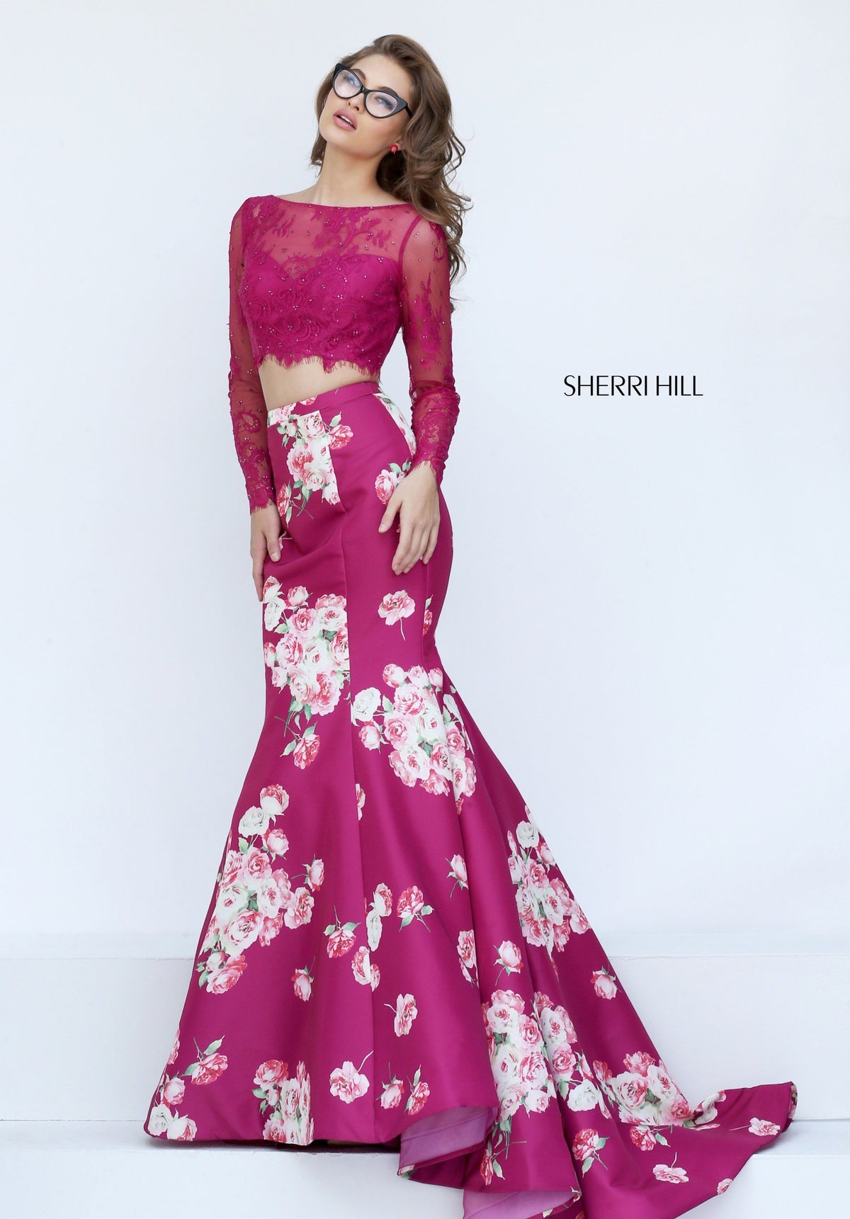 Sherri Hill 50488 two-piece floral print mermaid gown with long-sleeve crop top