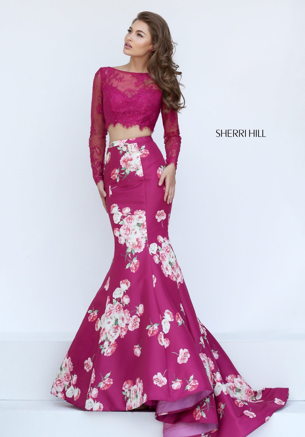 Sherri Hill 50488 two-piece floral print mermaid gown with long-sleeve crop top in plum print