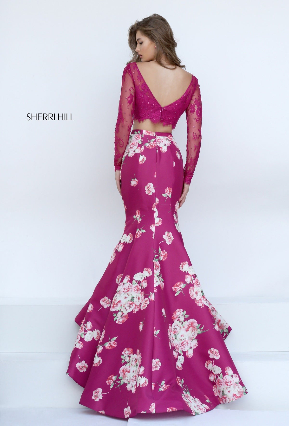 Sherri Hill 50488 two-piece floral print mermaid gown with long-sleeve crop top