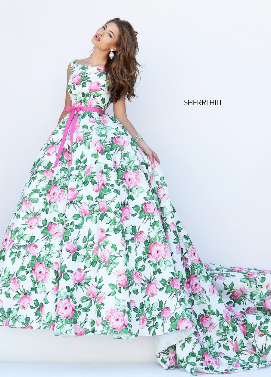 Sherri Hill style 50484 in ivory/pink print