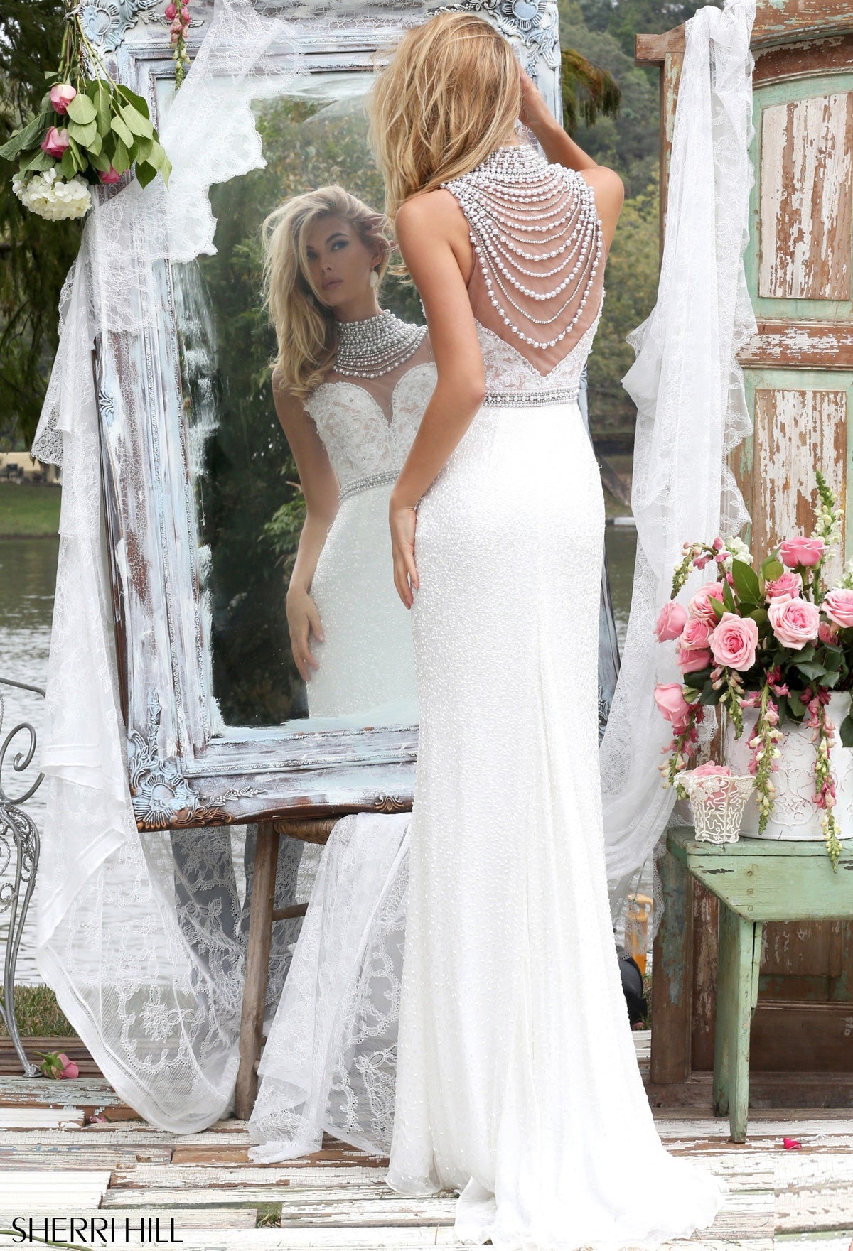 Sherri Hill 50082 high-neck fitted gown with beaded bodice in ivory