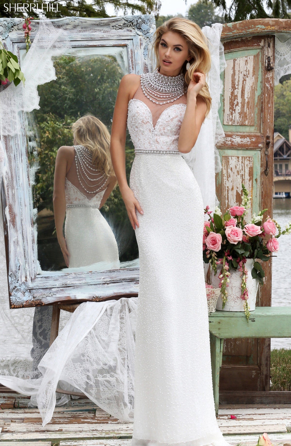 Sherri Hill 50082 high-neck fitted gown with beaded bodice in ivory