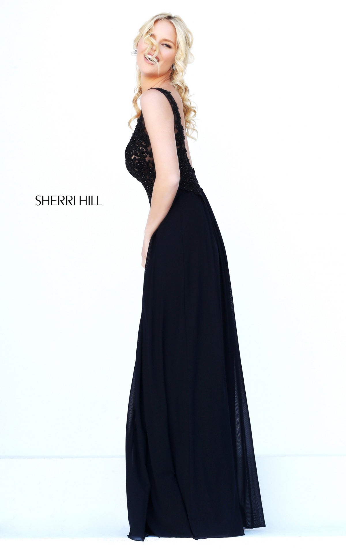 Sherri Hill 50255 V-neck lace bodice chiffon gown in black