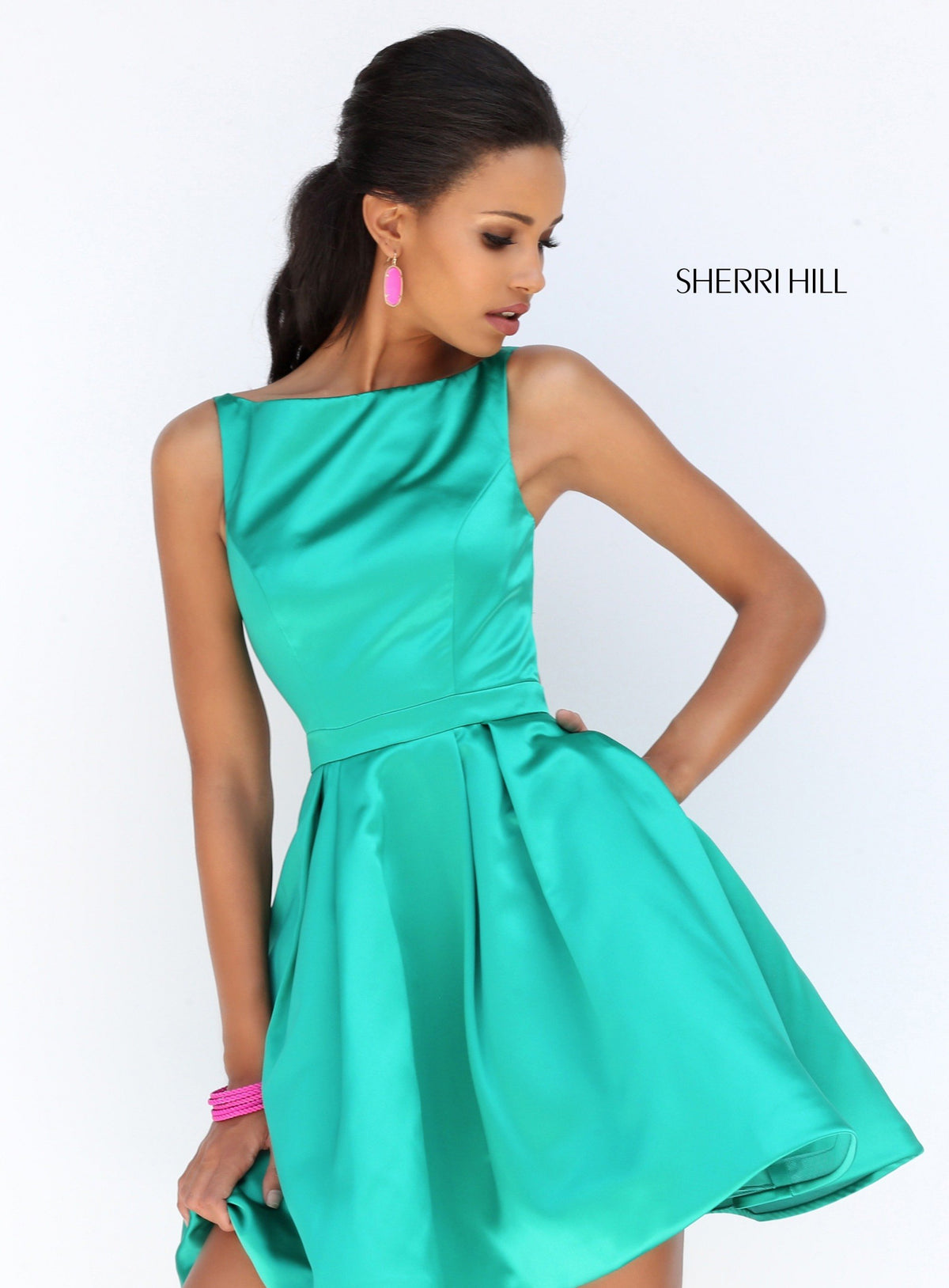 Sherri Hill 50427 satin cocktail gown in emerald