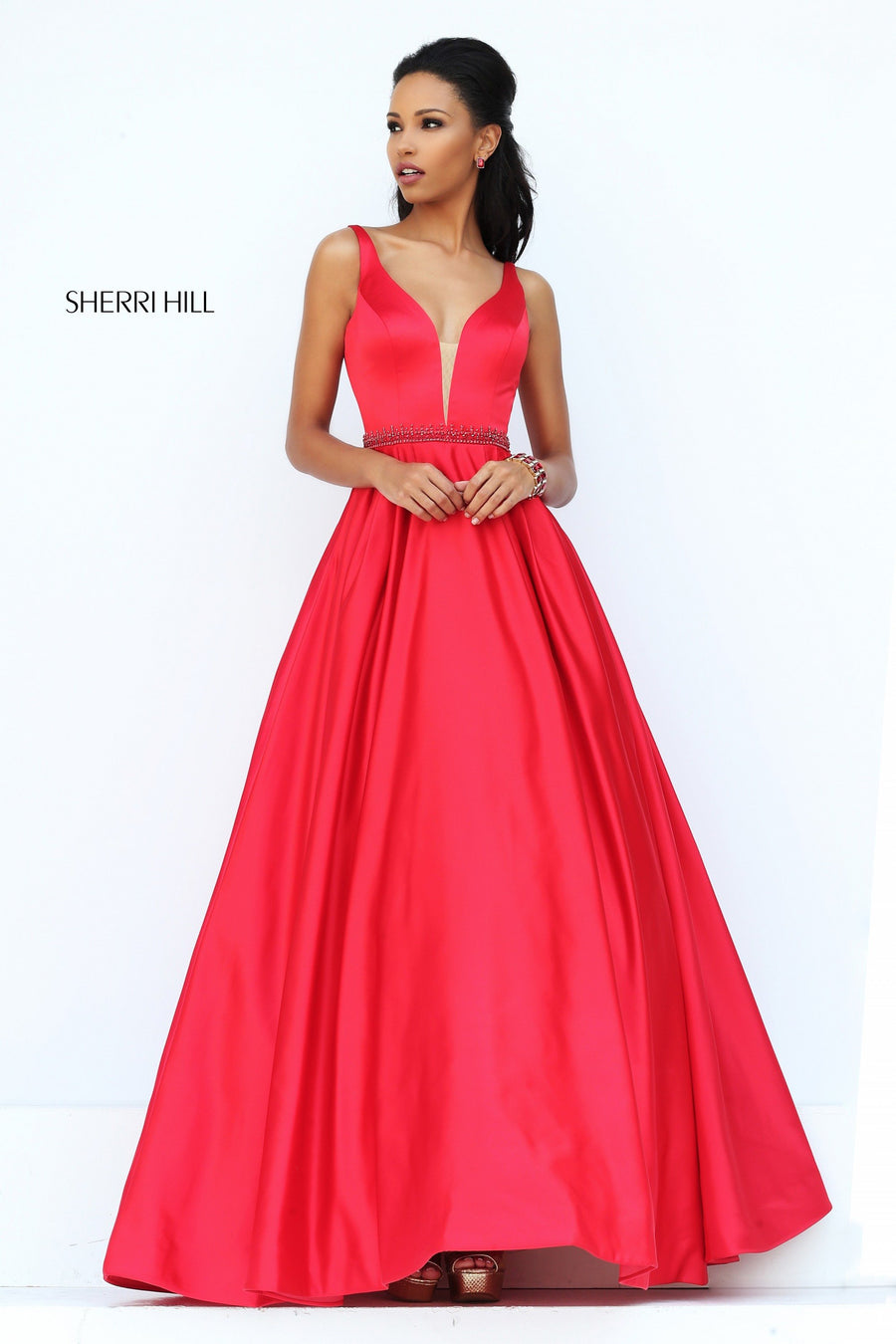 Sherri Hill style 50496 in emerald, Satin Ball Gown with Deep V Bodice