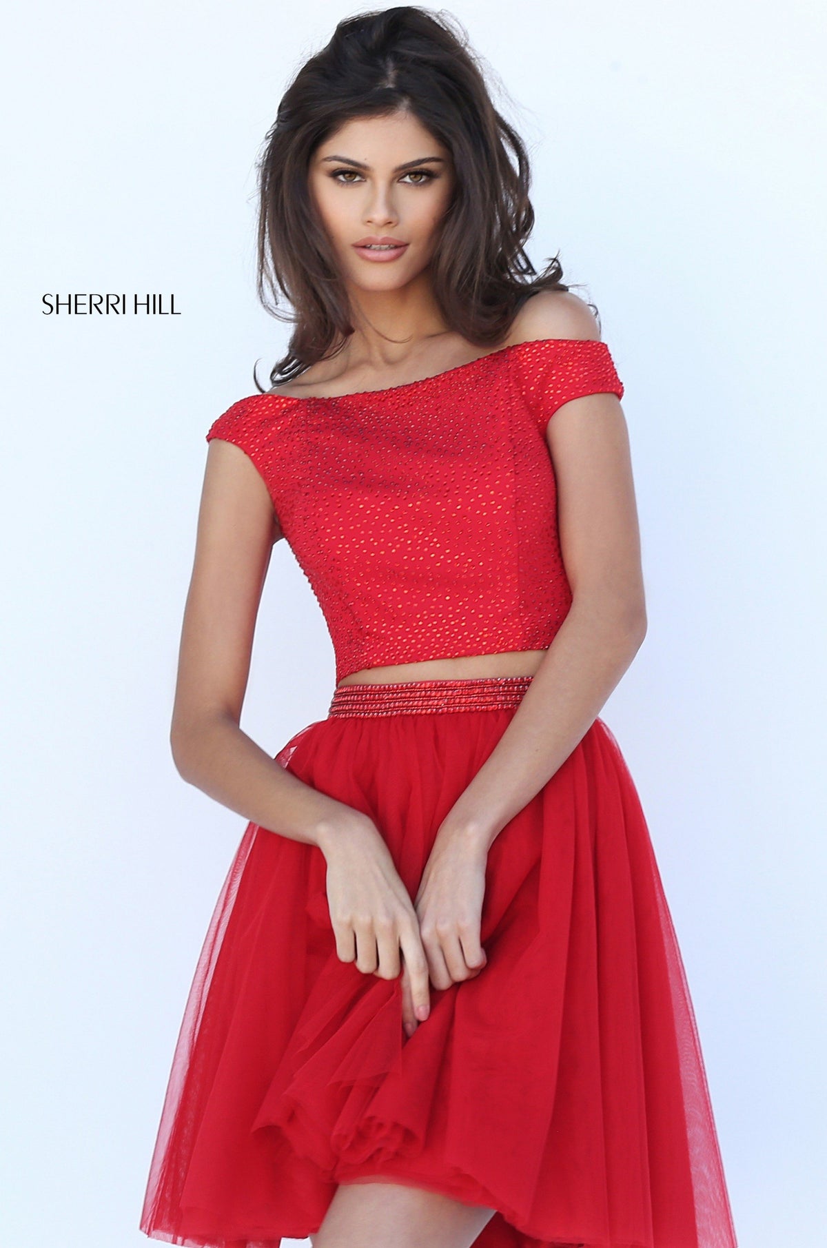Sherri Hill 50497 two-piece off-the-shoulder cocktail dress with tulle skirt in red