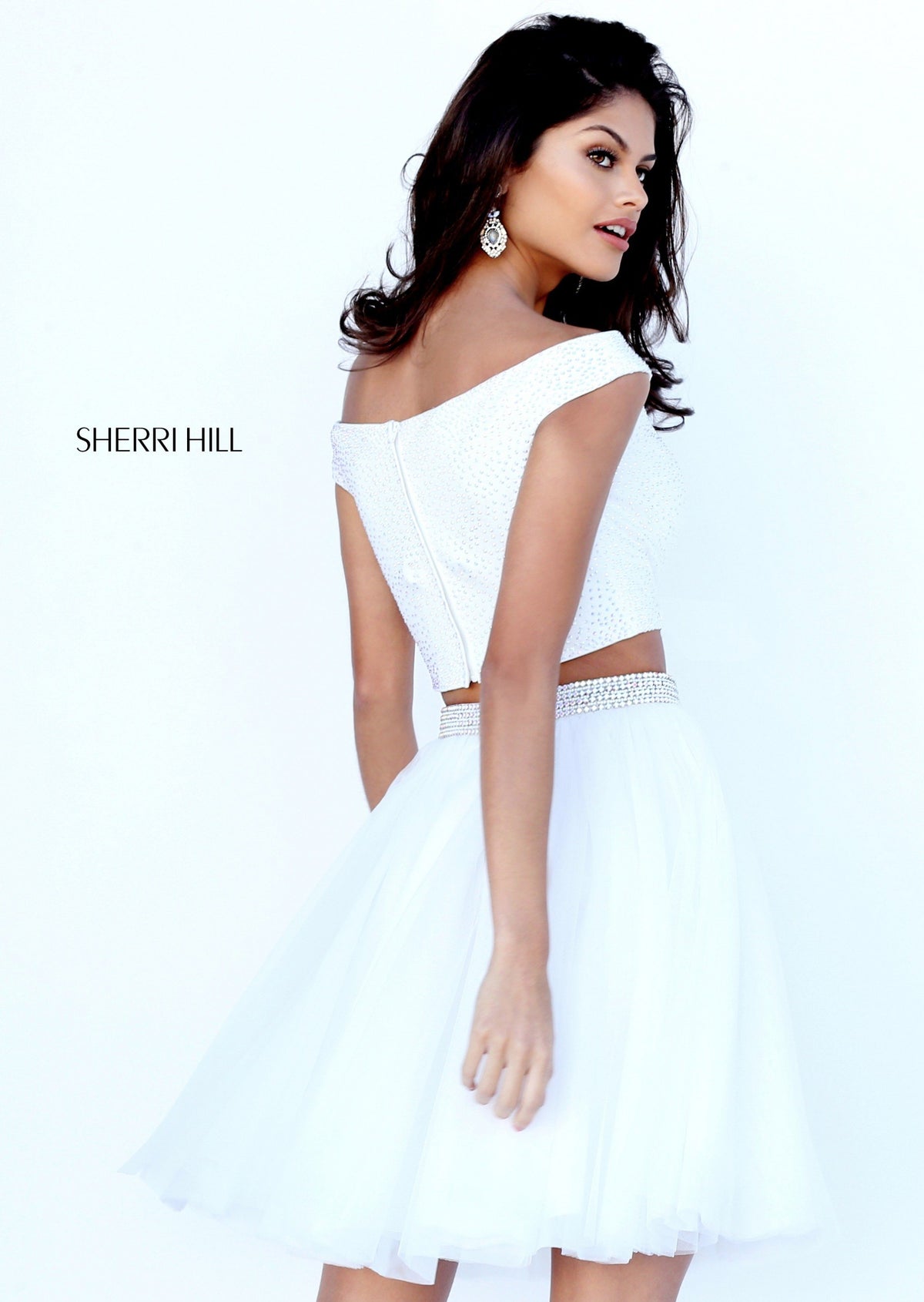 Sherri Hill 50497 two-piece off-the-shoulder cocktail dress with tulle skirt