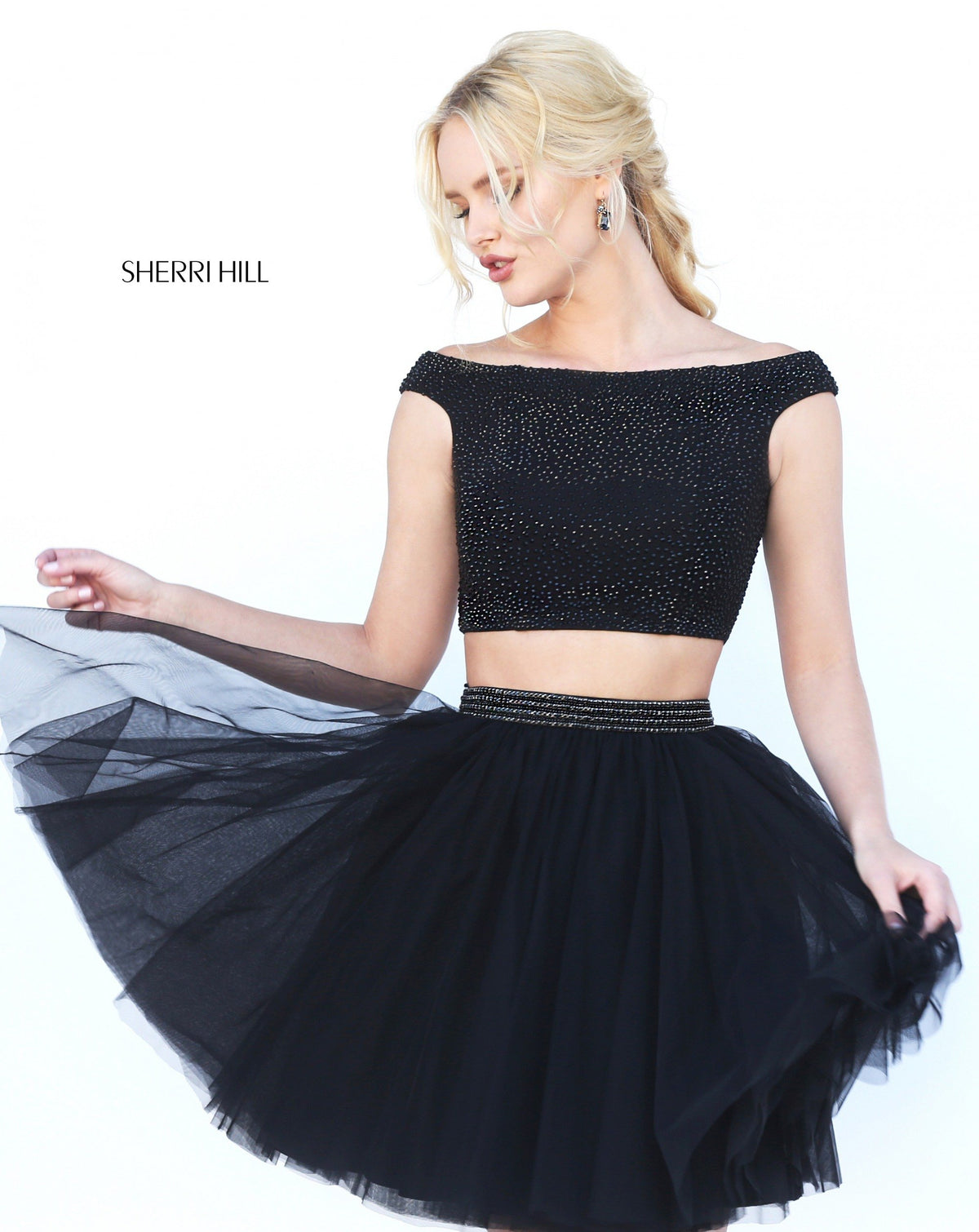 Sherri Hill 50497 two-piece off-the-shoulder cocktail dress with tulle skirt in black