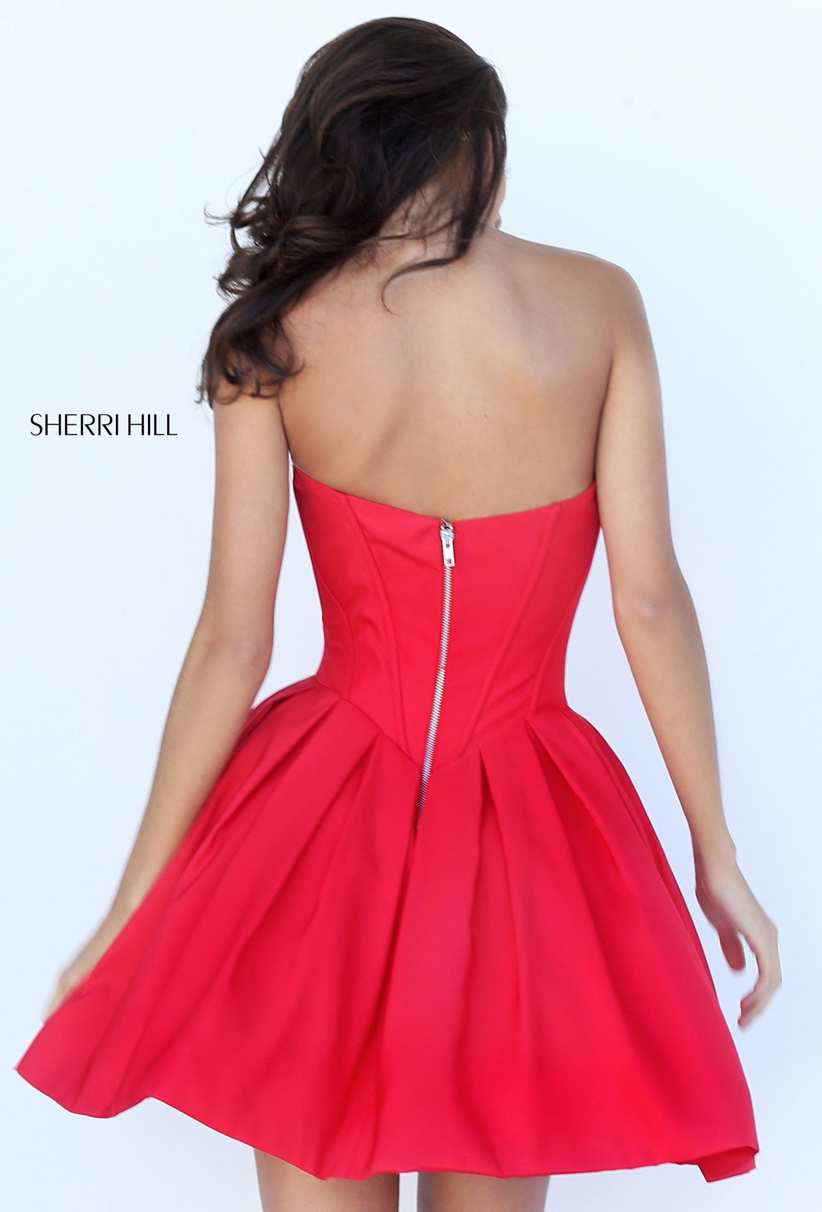 Sherri Hill 50501 satin cocktail dress with sheer neckline