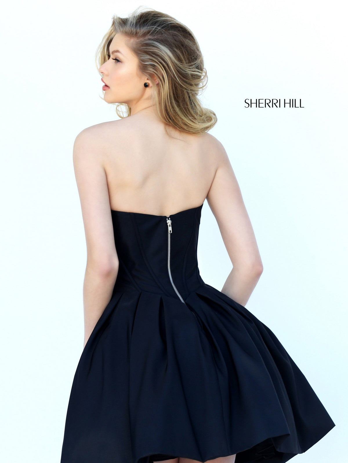 Sherri Hill 50501 satin cocktail dress with sheer neckline