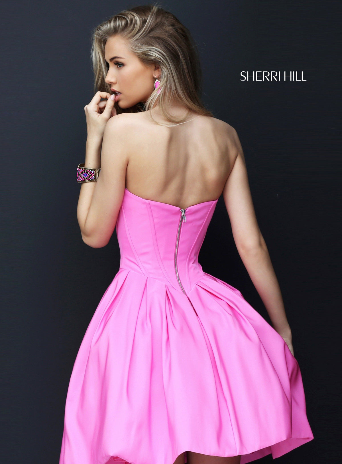 Sherri Hill 50501 satin cocktail dress with sheer neckline