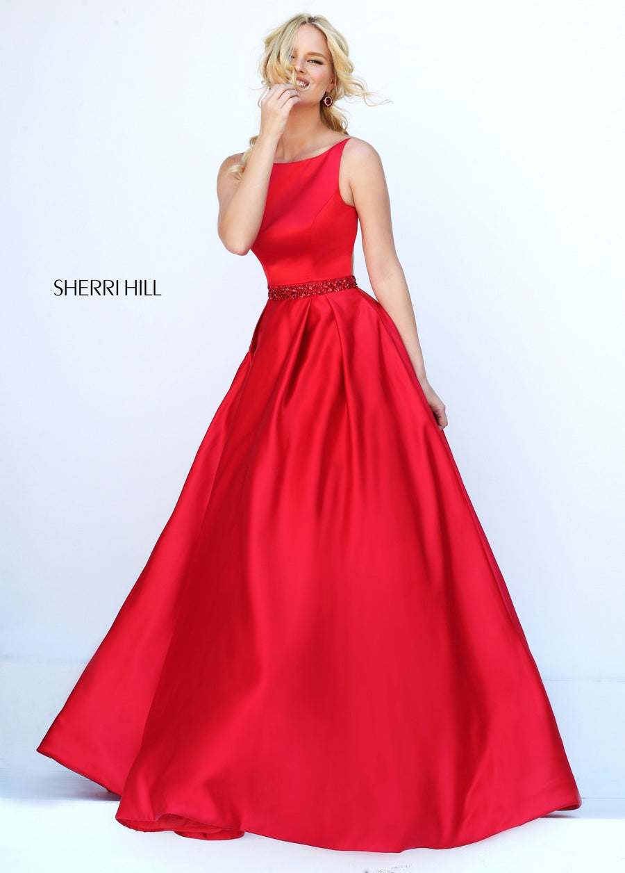 Sherri Hill style 50502 in emerald, High Neck Satin Ballgown