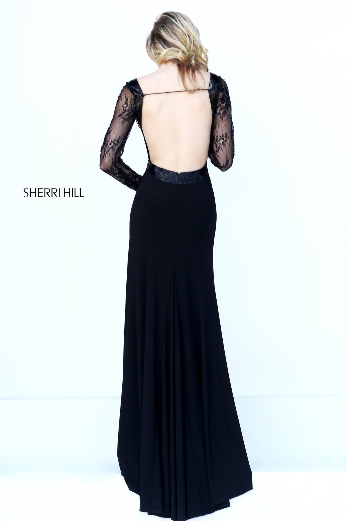 Sherri Hill 50511 long-sleeve lace bodice jersey gown in black