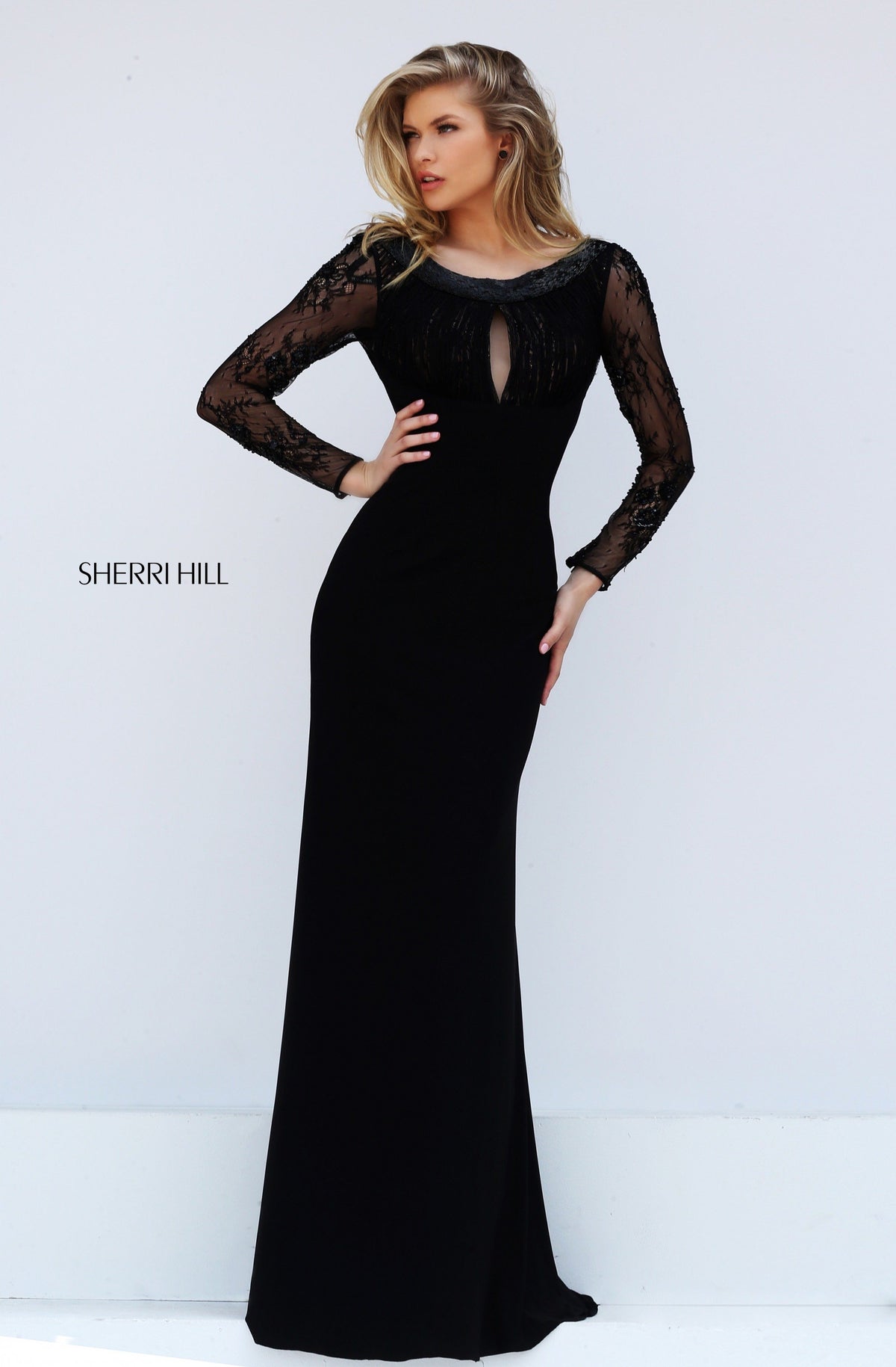Sherri Hill 50511 long-sleeve lace bodice jersey gown in black