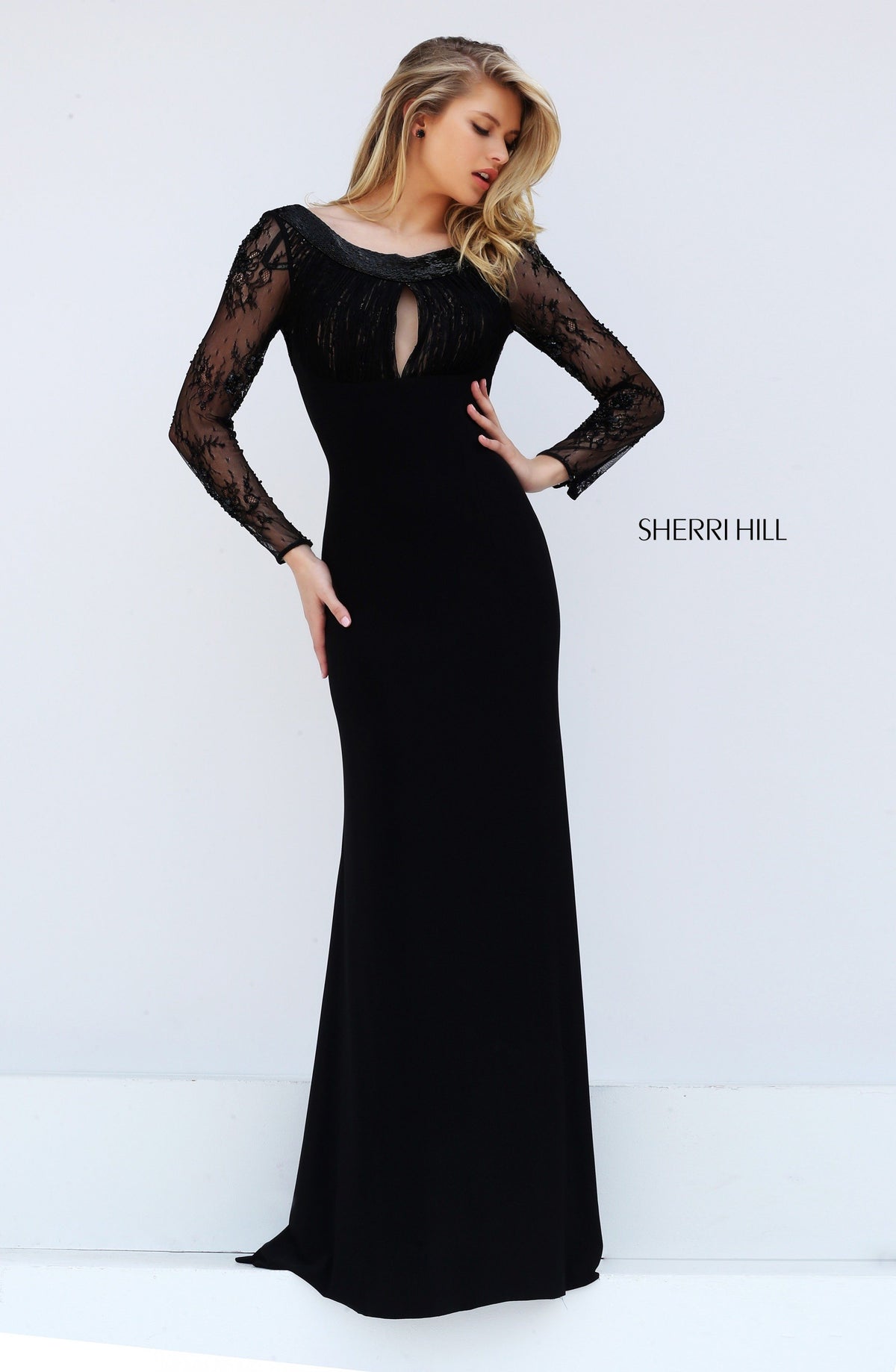 Sherri Hill 50511 long-sleeve lace bodice jersey gown in black